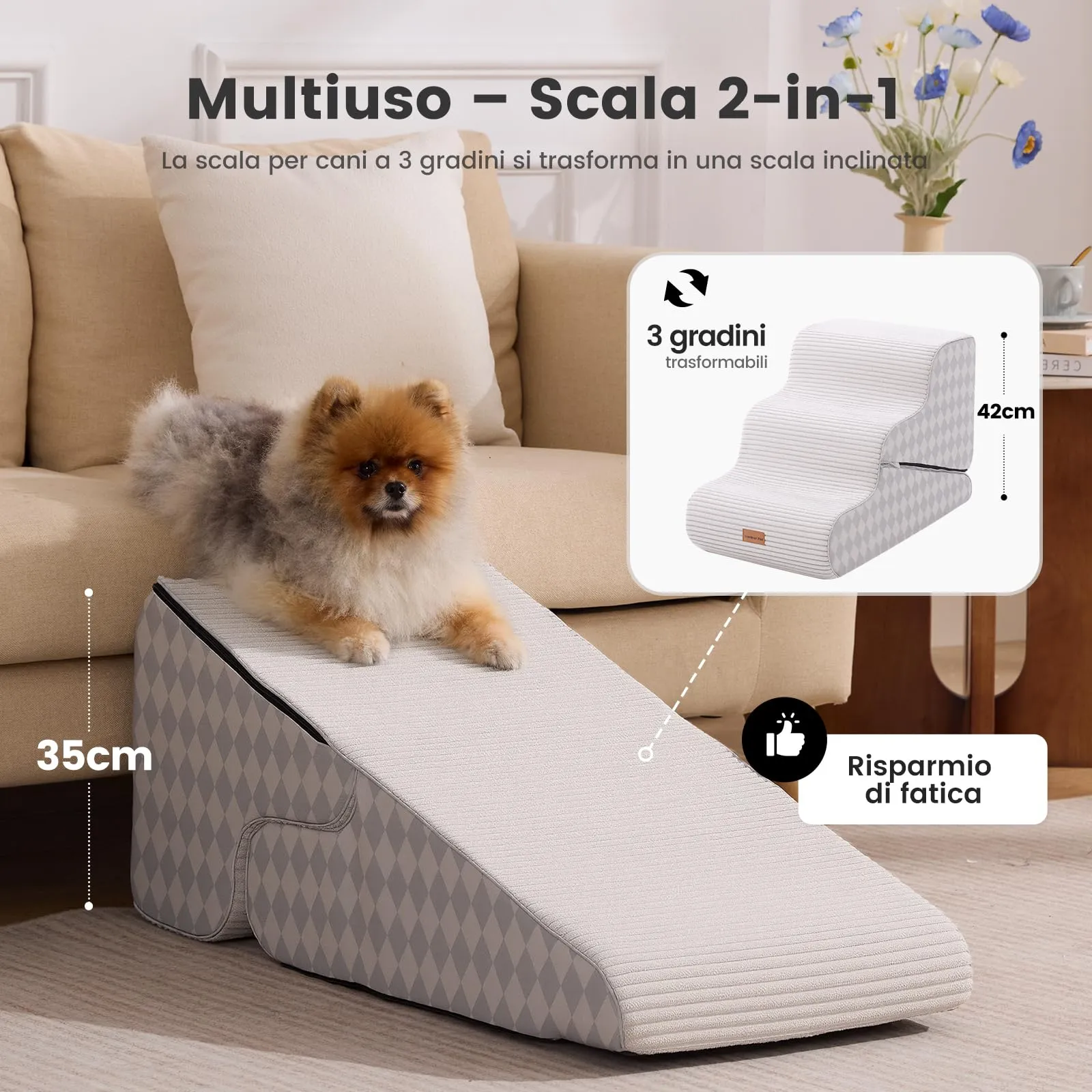 Gardner Pet Scala Cani Pieghevole, 3 Gradini, 35/43cm, Verde Grigio Strisce - immagine 2
