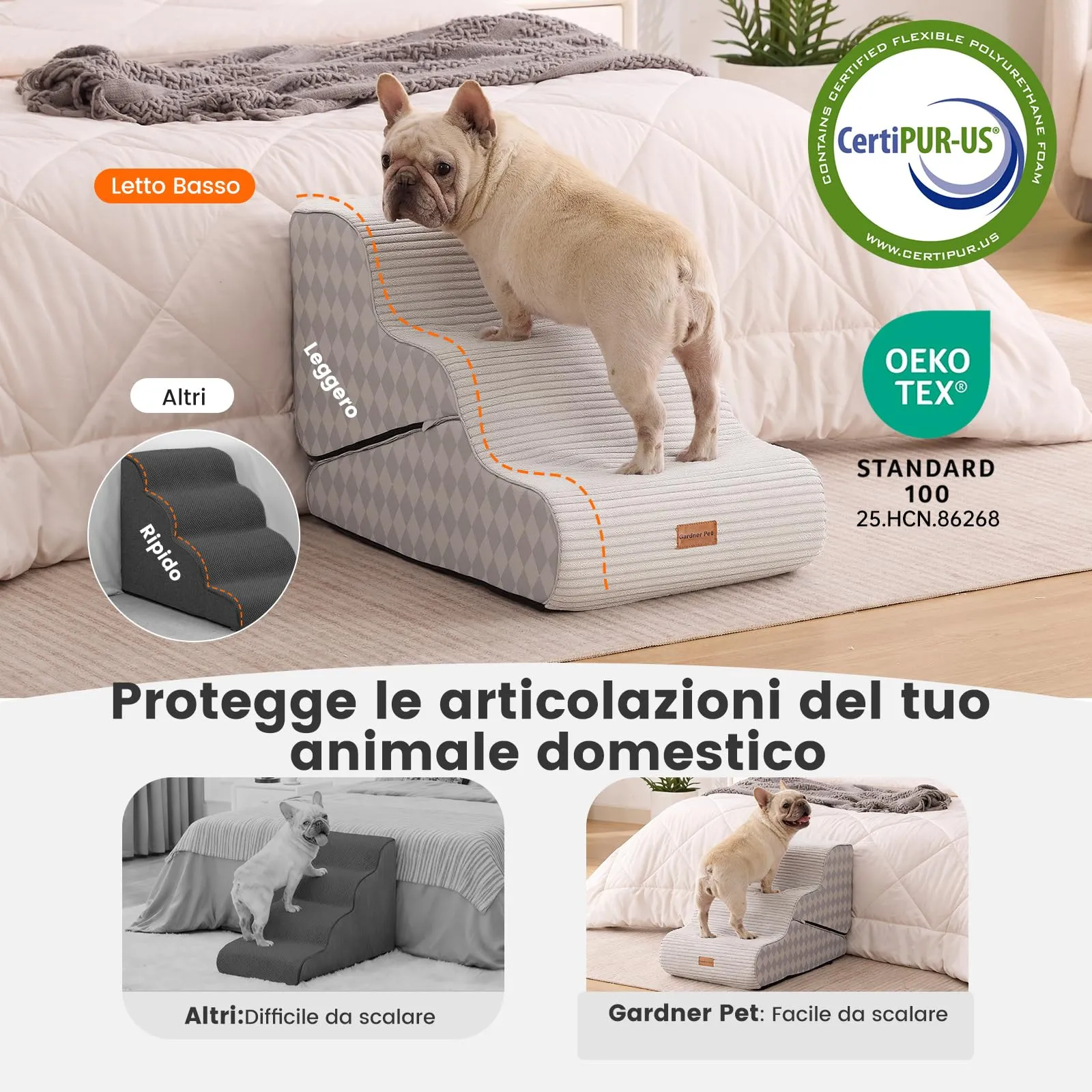 Gardner Pet Scala Cani Pieghevole, 3 Gradini, 35/43cm, Verde Grigio Strisce - immagine 4