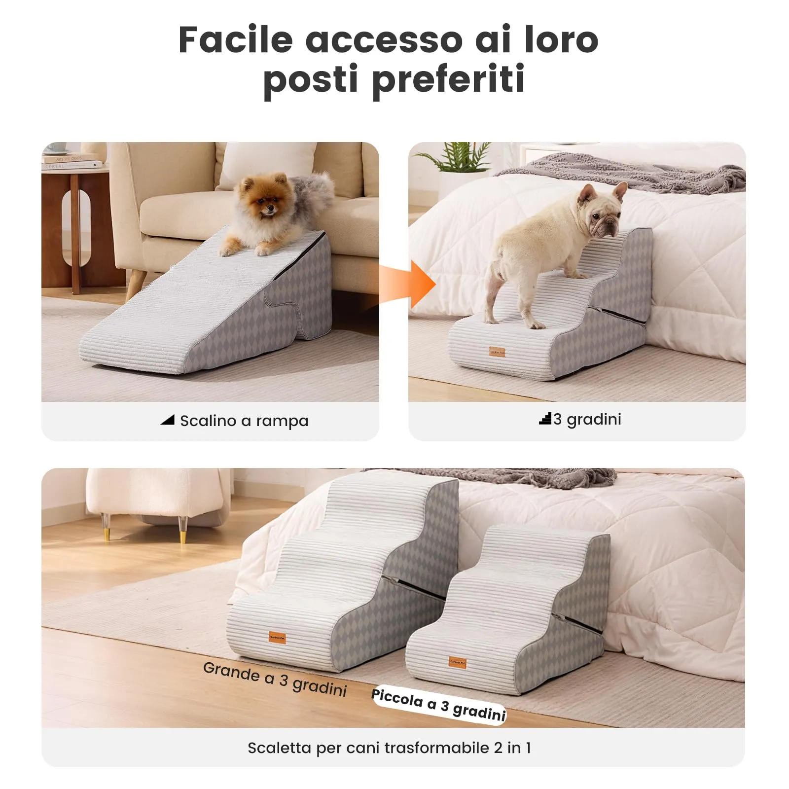 Gardner Pet Scala Cani Pieghevole, 3 Gradini, 35/43cm, Verde Grigio Strisce - immagine 5