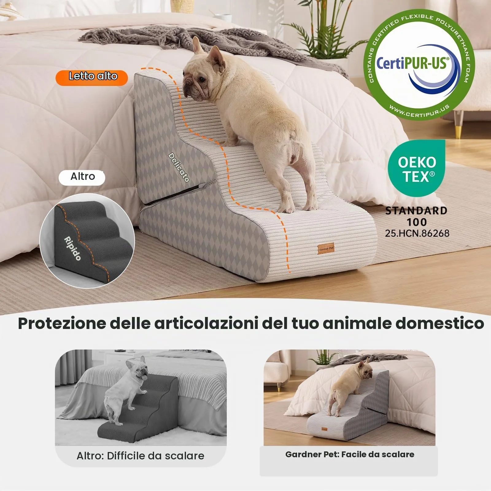 Gardner Pet Scala Cani Pieghevole, 46/57cm, 3 Gradini, Verde Grigio Strisce - immagine 4