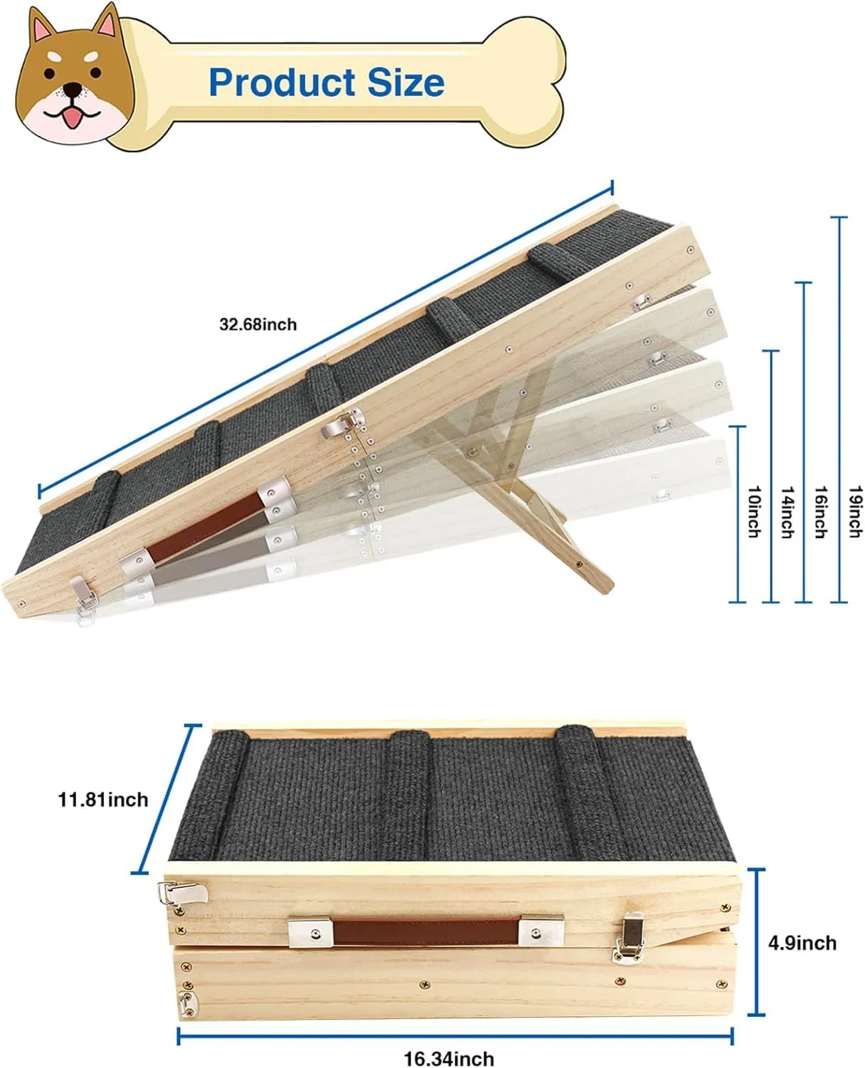 HEYOUTH Rampa Pieghevole per Cani e Gatti in Legno, Regolabile in Altezza 25-48cm, 83 x 30cm - immagine 2