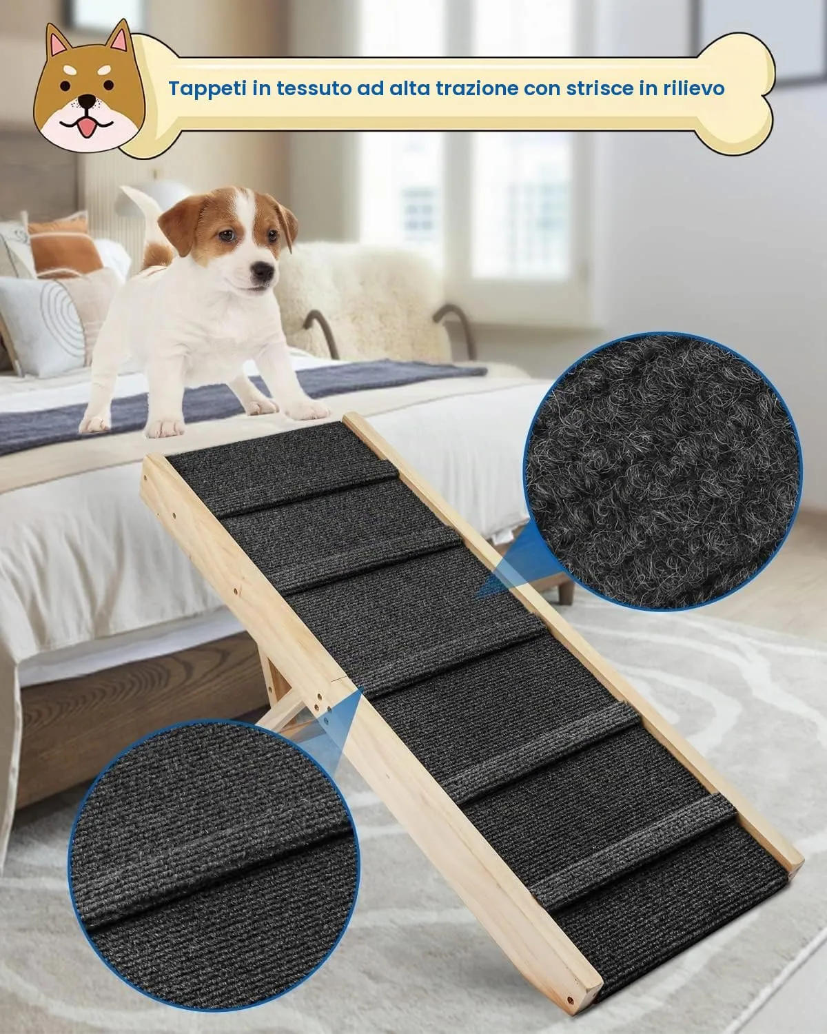HEYOUTH Rampa Pieghevole per Cani e Gatti in Legno, Regolabile in Altezza 25-48cm, 83 x 30cm - immagine 5