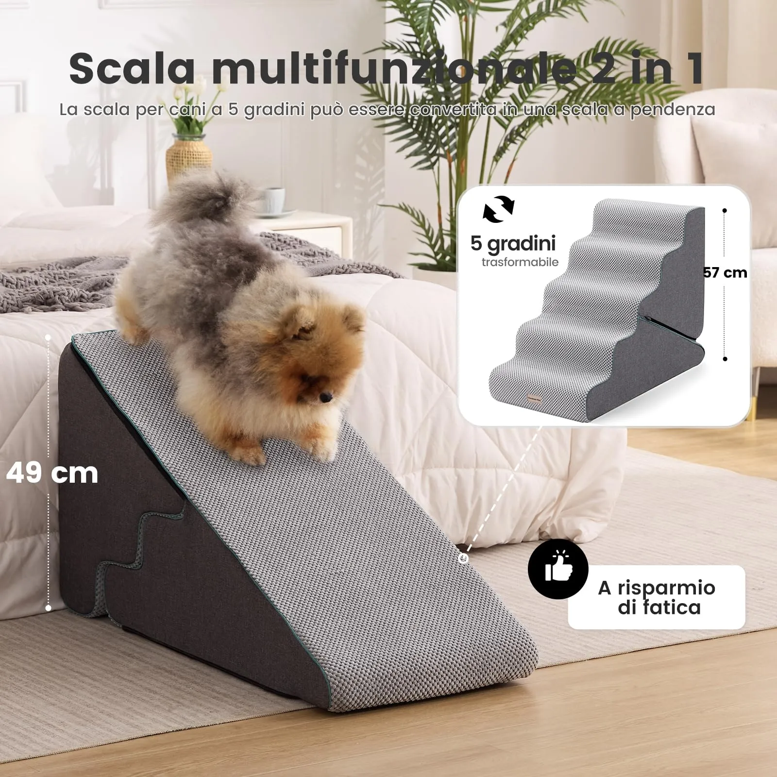 Gardner Pet Scala Cani 2 in 1 Pieghevole, 56cm, 5 Gradini, Grigio - immagine 2