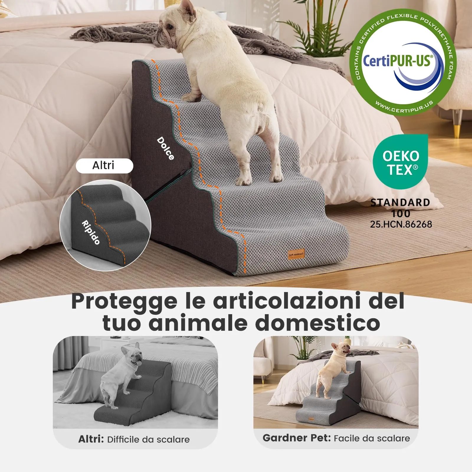 Gardner Pet Scala Cani 2 in 1 Pieghevole, 56cm, 5 Gradini, Grigio - immagine 4