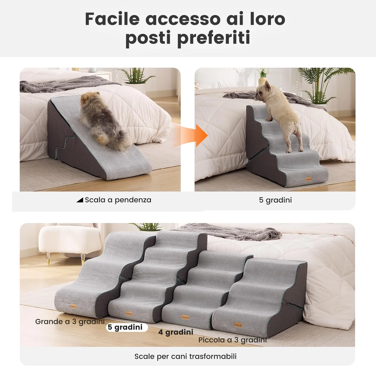 Gardner Pet Scala Cani 2 in 1 Pieghevole, 56cm, 5 Gradini, Grigio - immagine 5