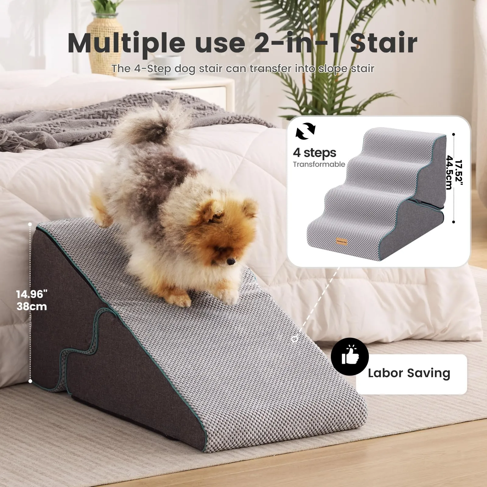 Gardner Pet Scala Cani 2 in 1 Pieghevole, 44cm, 4 Gradini, Grigio - immagine 2