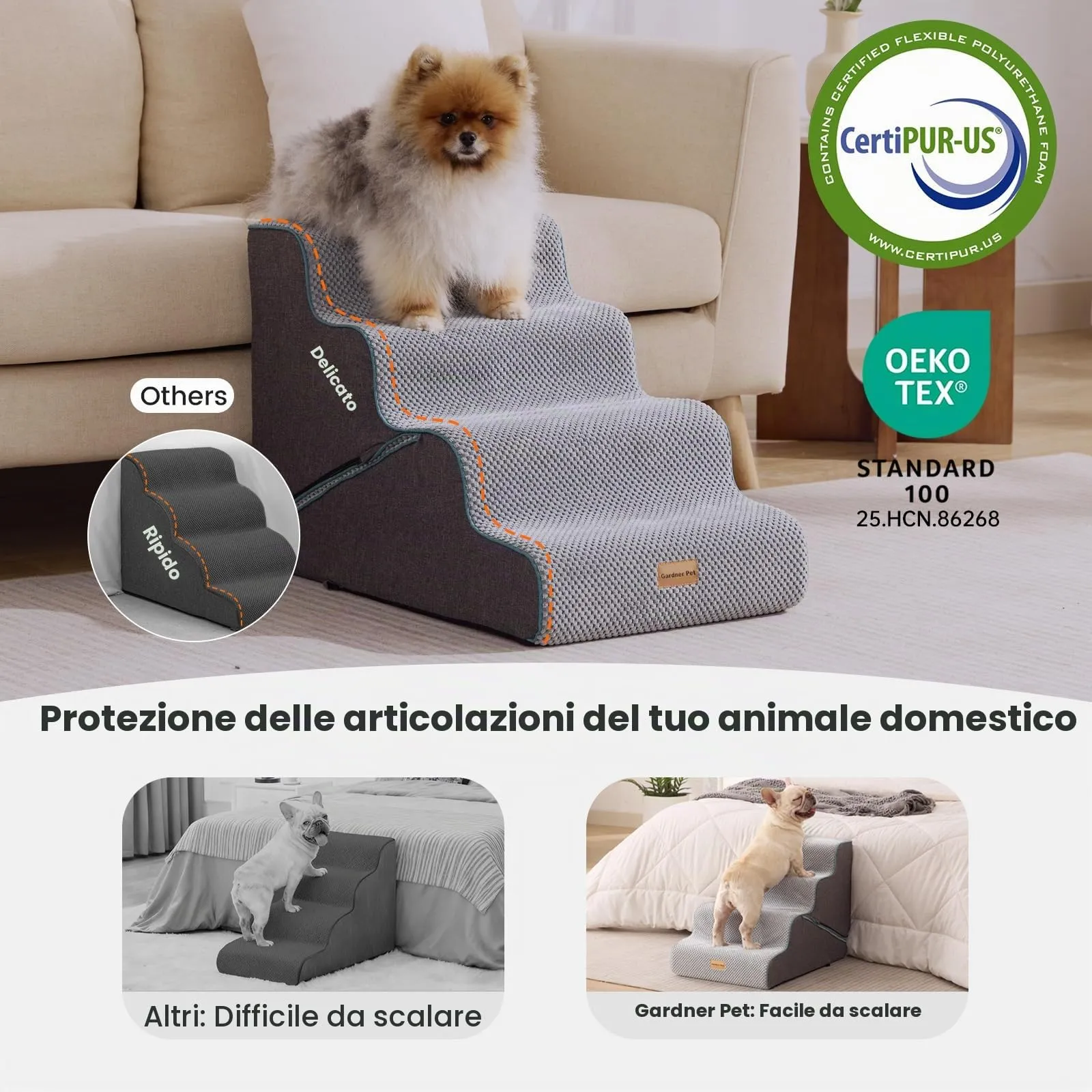 Gardner Pet Scala Cani 2 in 1 Pieghevole, 44cm, 4 Gradini, Grigio - immagine 4