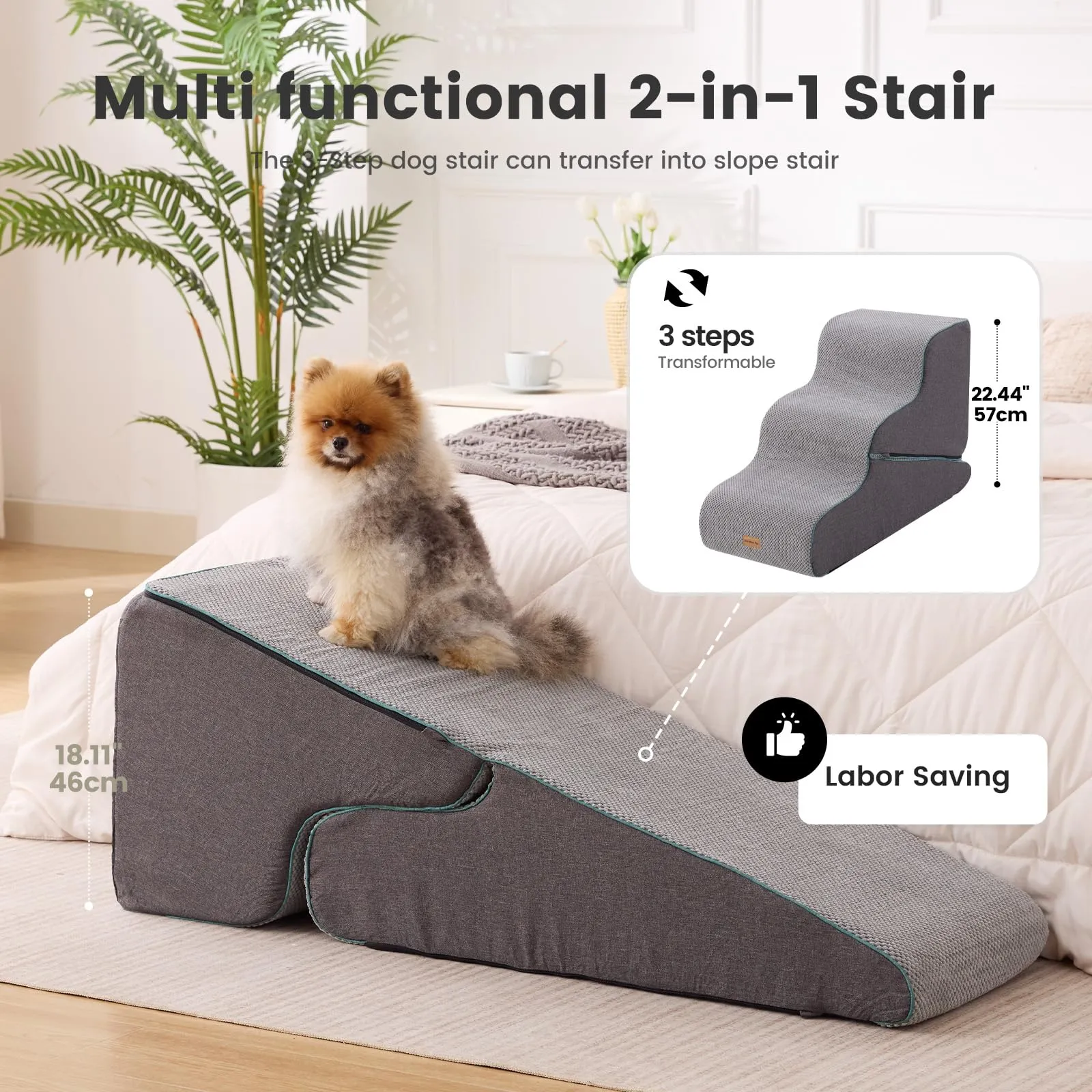 Gardner Pet Scala Cani Pieghevole, 46/57cm, 3 Gradini, Grigio Finta Pile - immagine 2