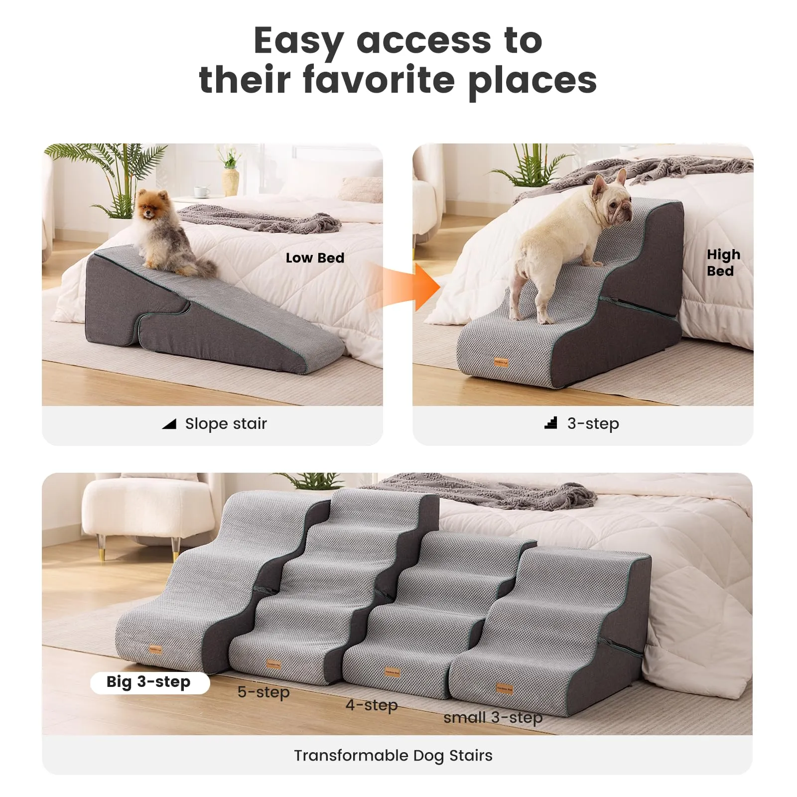 Gardner Pet Scala Cani Pieghevole, 46/57cm, 3 Gradini, Grigio Finta Pile - immagine 6