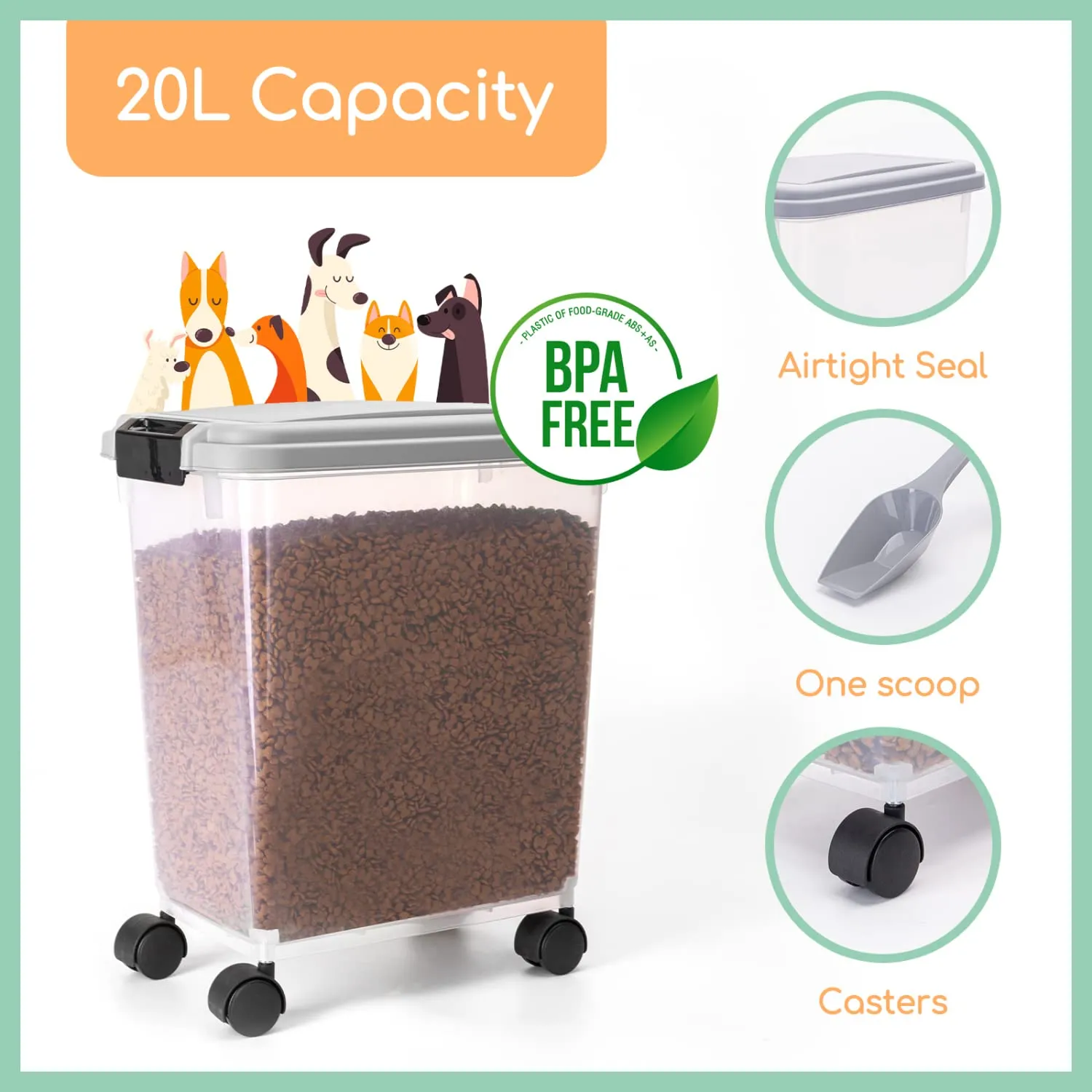 Nobleza Contenitore per Cibo per Animali 20 L, Ermetico con Ruote e Pala, Grigio - immagine 4