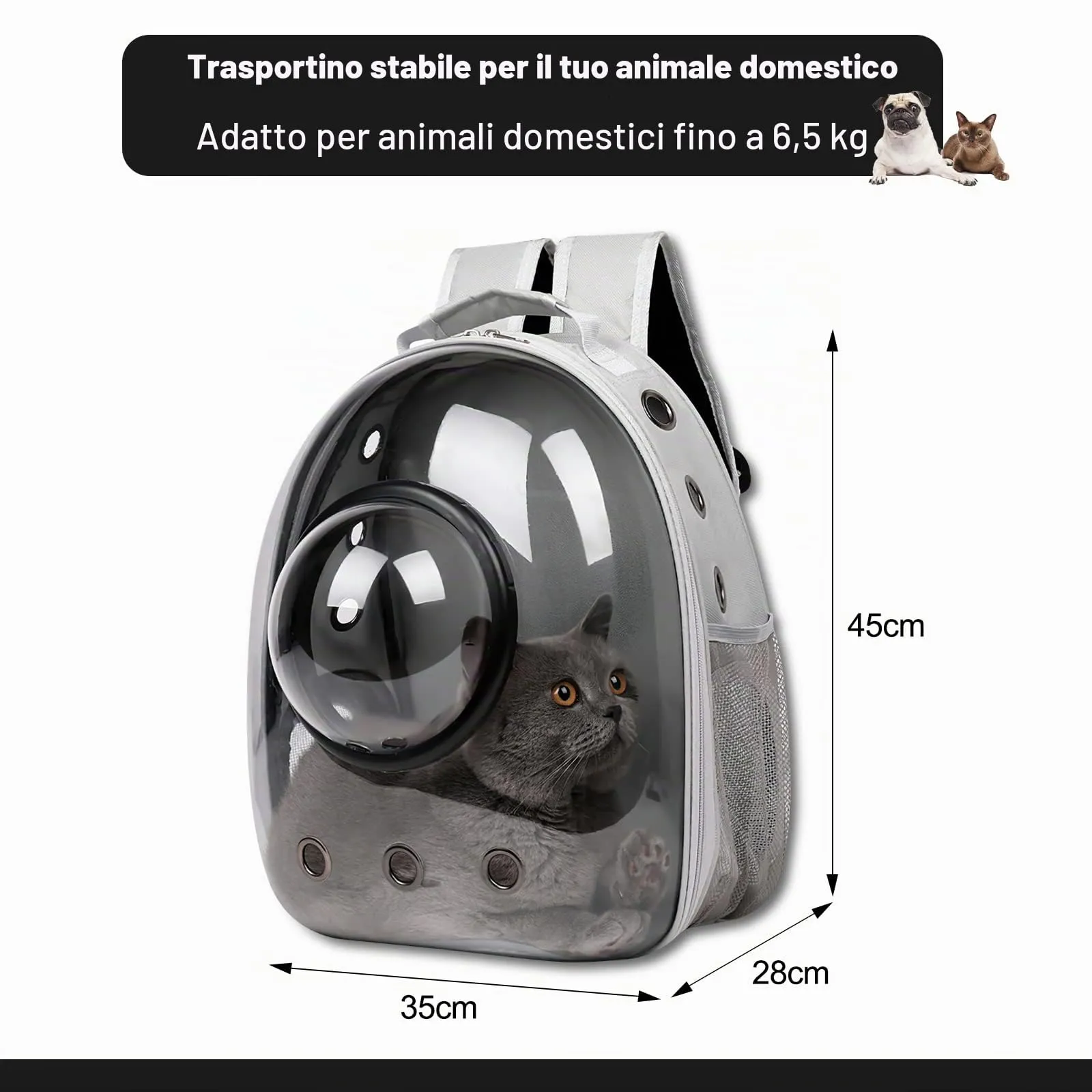 Galatée Zaino Bubble per Gatti e Animali Domestici, Borsa Trasparente Impermeabile con Capsula Ventilata, Grigio - immagine 6
