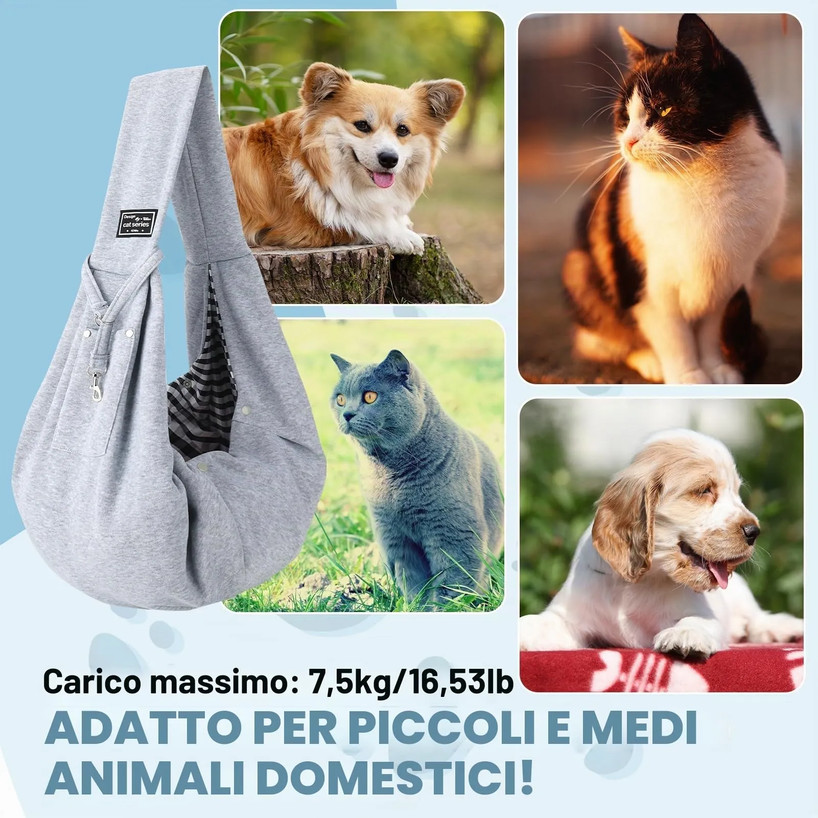 Halinuia Borsa per Cani e Cuccioli Reversibile, fino a 7,5 kg, Grigio - immagine 4