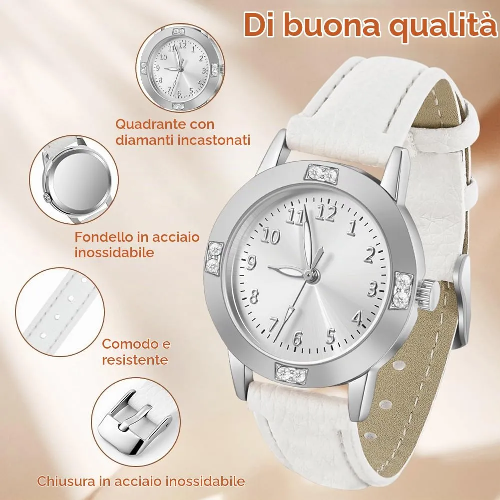 AOOSU Orologio da Donna in Pelle con Diamanti, Quarzo Analogico - immagine 3