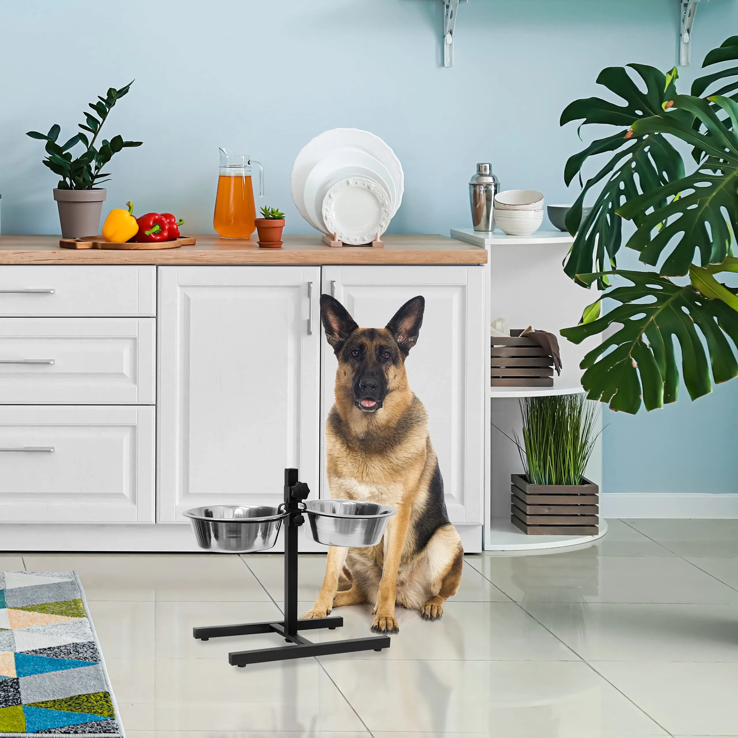 Relaxdays Ciotole Rialzate per Cani in Acciaio, 1,6 l, 42x46x27 cm, Supporto Regolabile Antiscivolo, Argentato - immagine 2