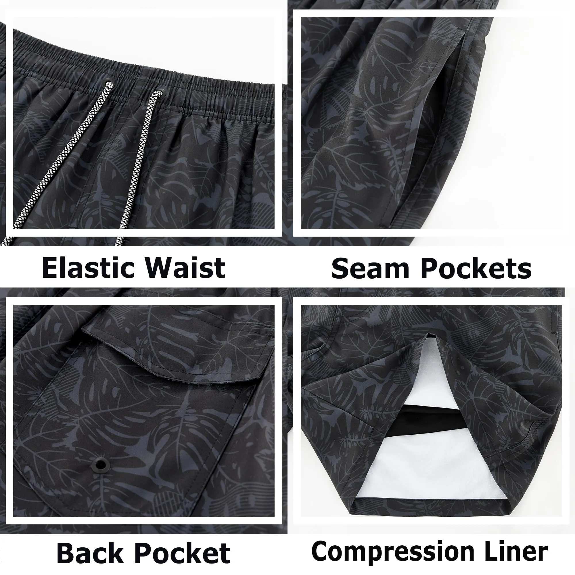 APTRO Pantaloncini da bagno da uomo con fodera a compressione, 17,8 cm, Foglia Nero, 3XL - immagine 4