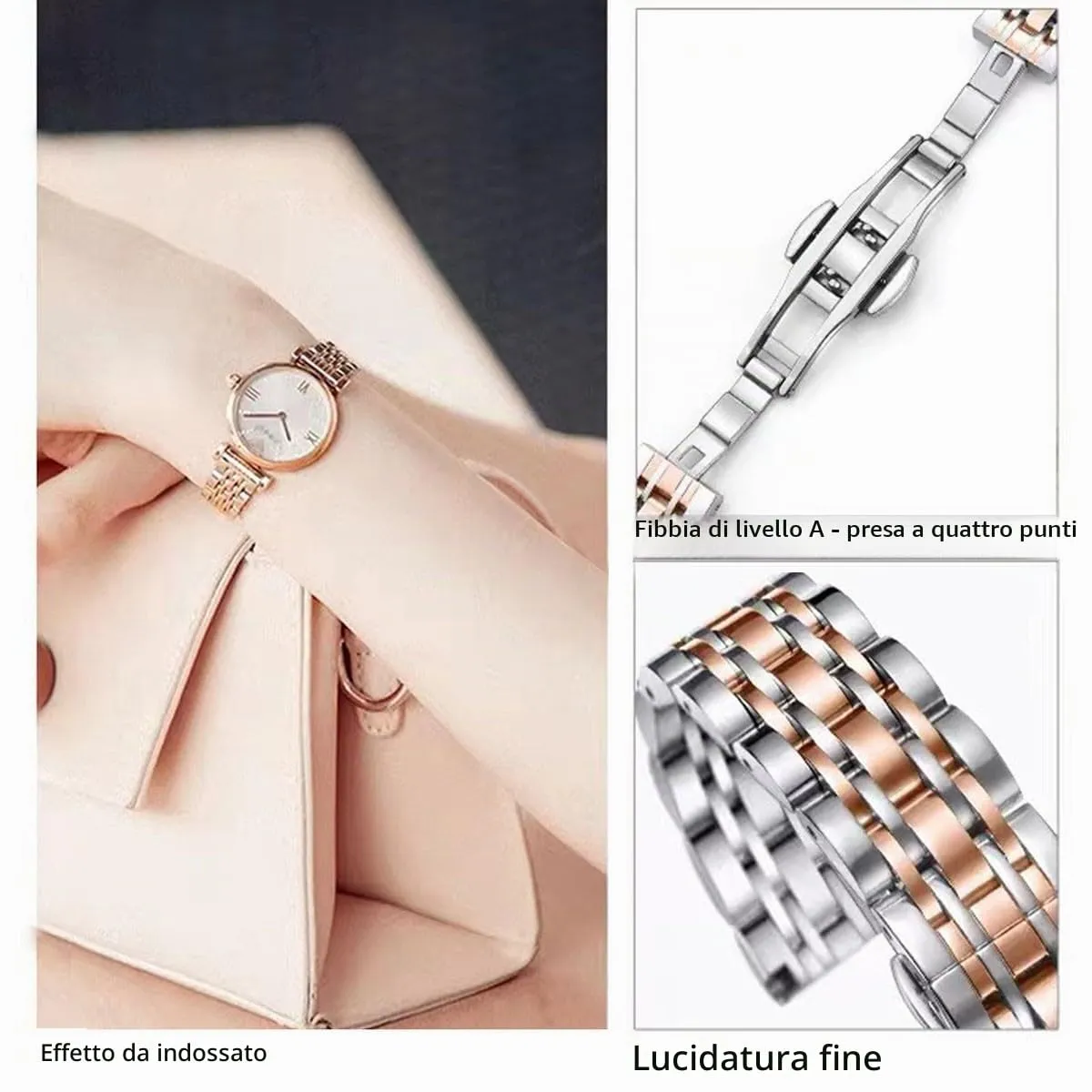 HEYOZURY Cinturino in Acciaio Inossidabile con Estremità Dritta e Curva 14mm Argento e Oro Rosa - immagine 5