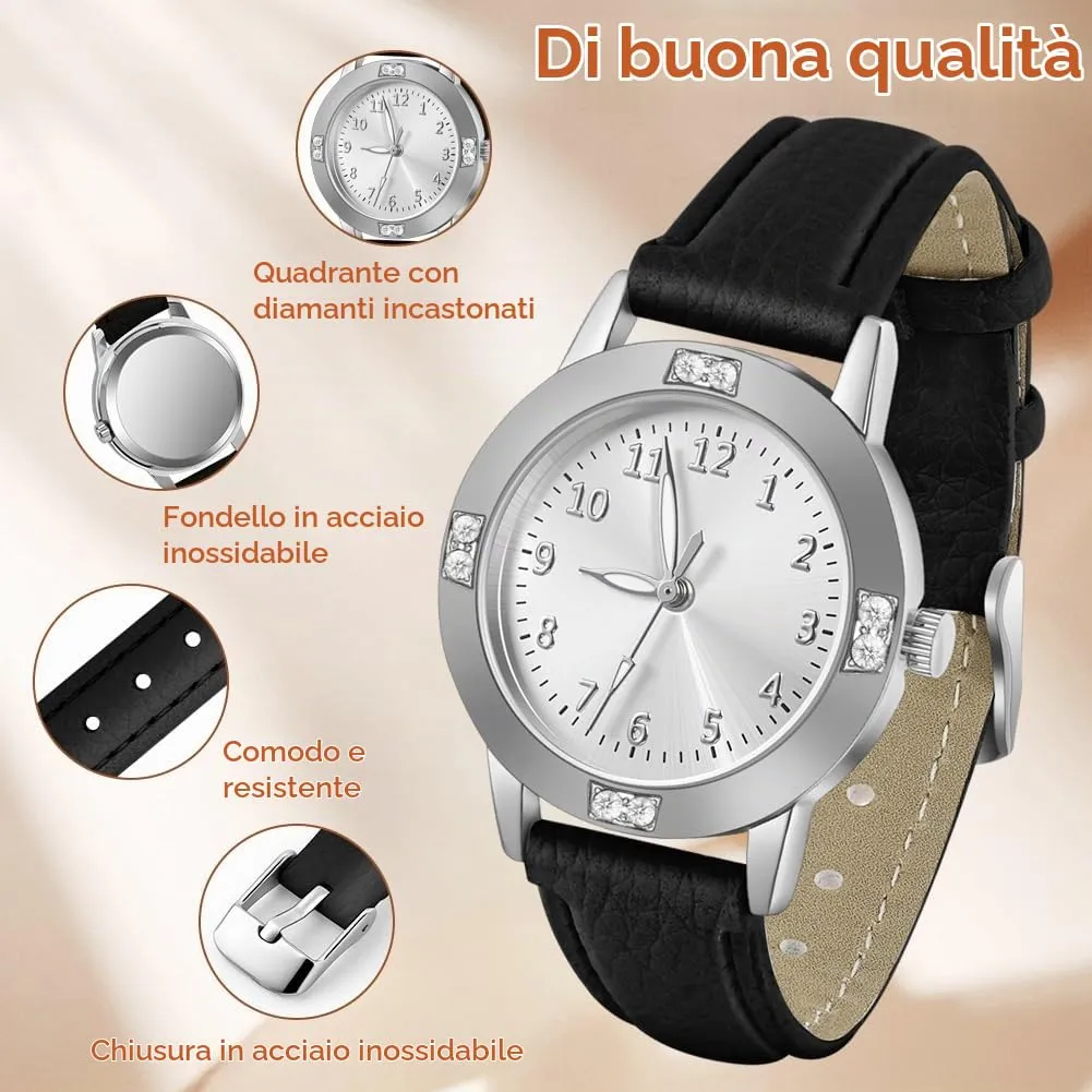 AOOSU Orologio da Donna in Pelle con Diamanti, Quarzo Analogico - immagine 3