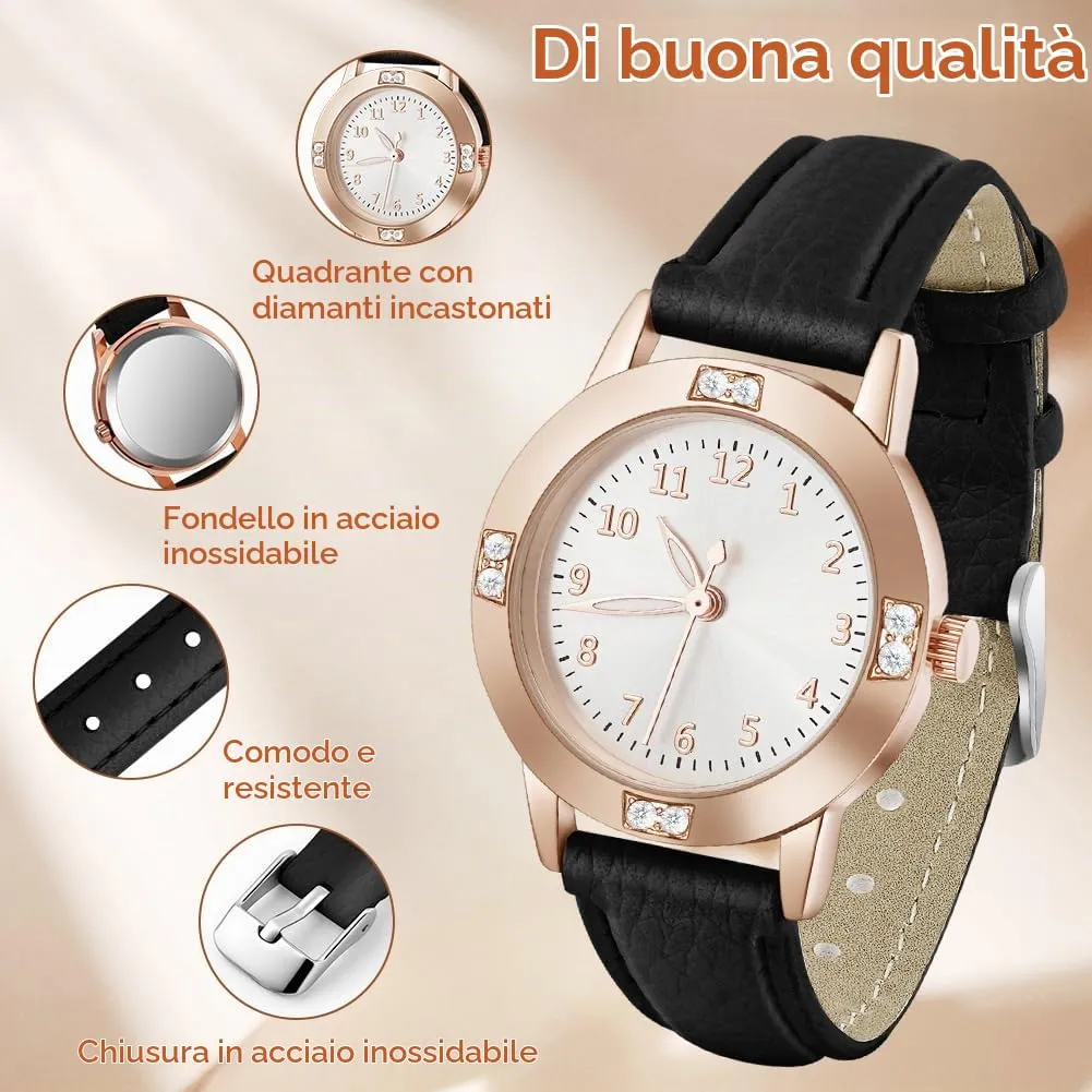 AOOSU Orologio da Donna in Pelle con Diamanti, Quarzo Analogico - immagine 3