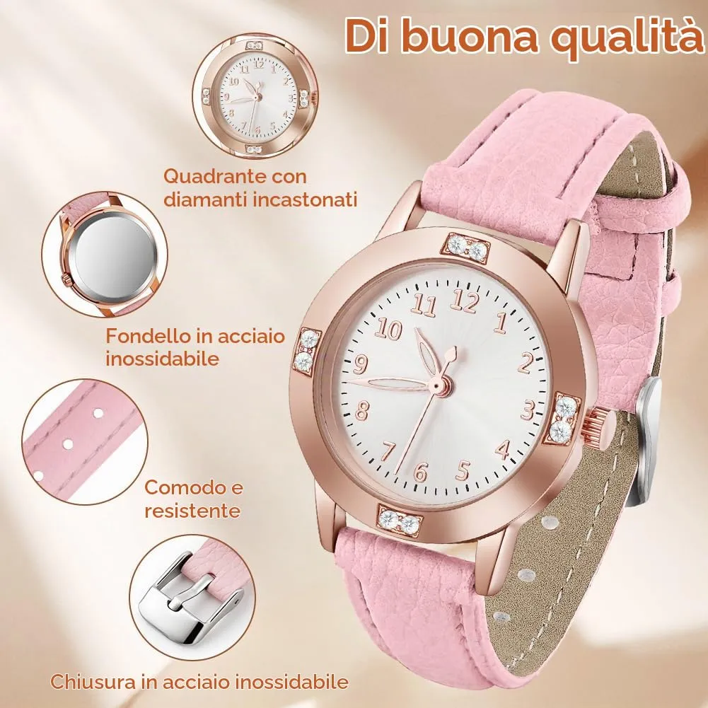 AOOSU Orologio da Donna in Pelle con Diamanti, Quarzo Analogico - immagine 3