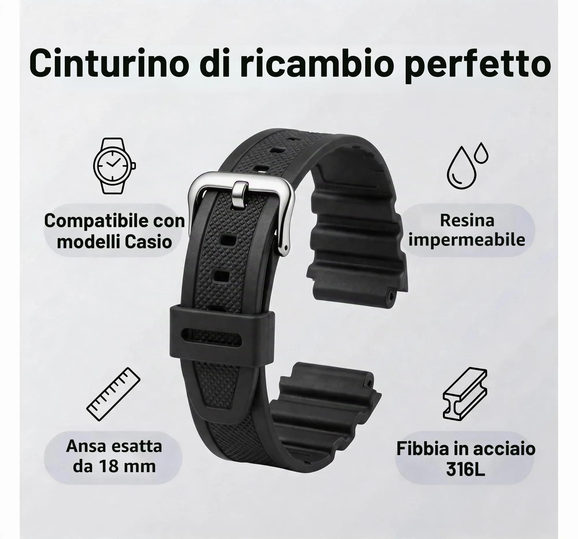 Panlouting Cinturino Orologio 18mm in Resina per Casio AE-1000W AE-1200 AE-1300 AEQ-110W AQ-S800W MRW-200H SGW-300H SGW-400H W-216H W-218H - immagine 2
