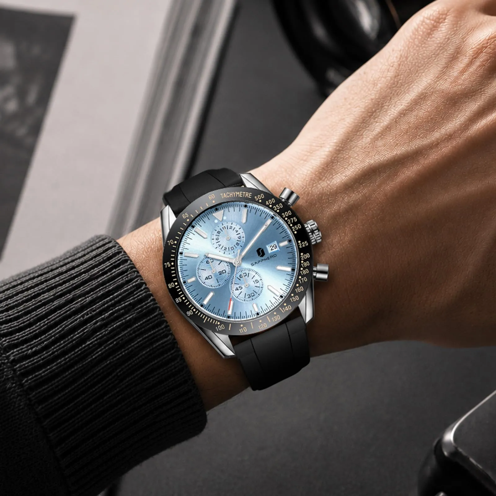 BENYAR Orologio da Uomo Cronografo Analogico al Quarzo, Cinturino in Silicone, 50M Impermeabile, Nero Blu Ghiaccio - immagine 2