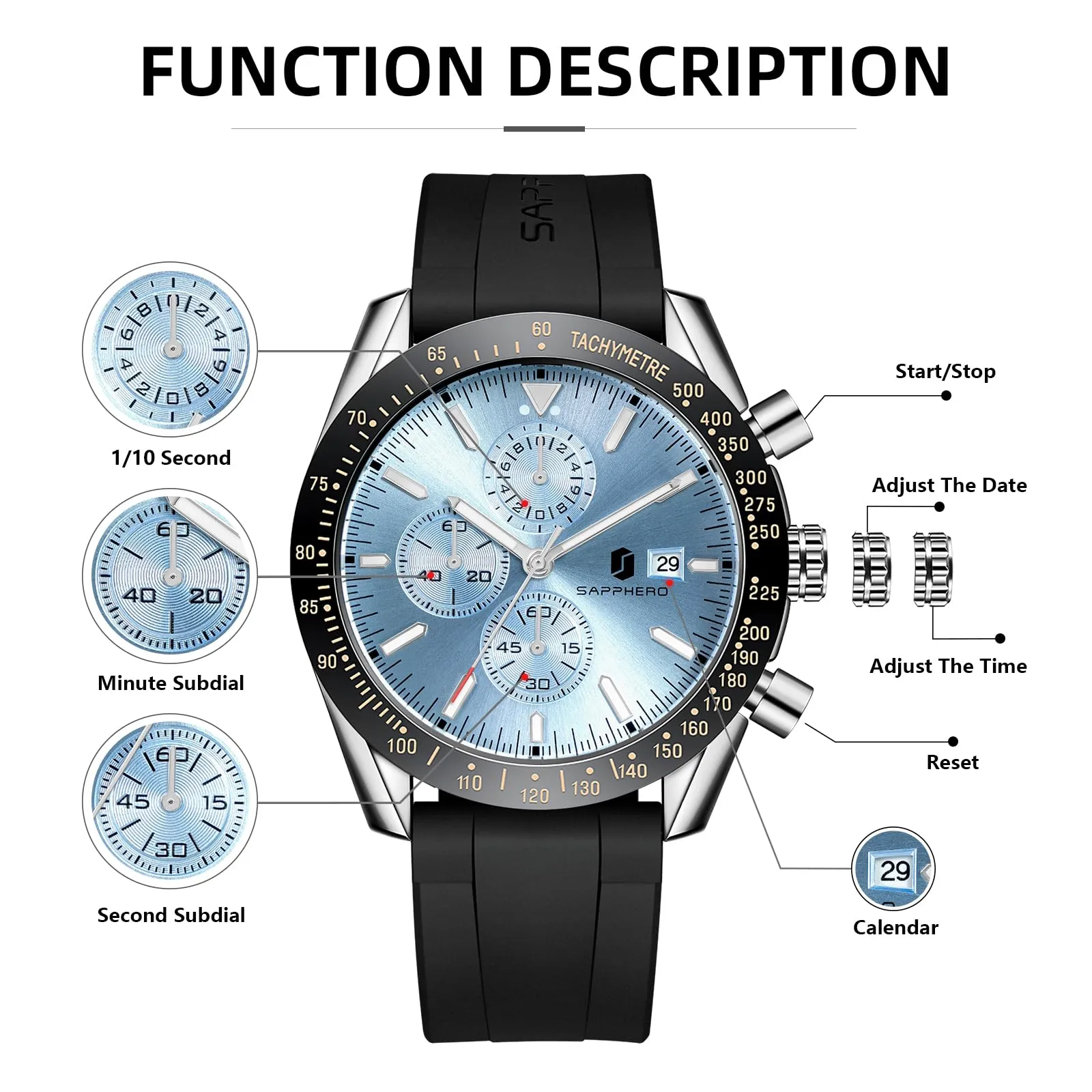 BENYAR Orologio da Uomo Cronografo Analogico al Quarzo, Cinturino in Silicone, 50M Impermeabile, Nero Blu Ghiaccio - immagine 7