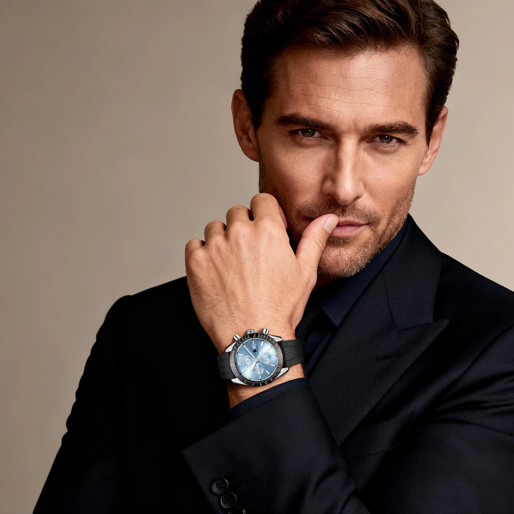 BENYAR Orologio da Uomo Cronografo Analogico al Quarzo, Cinturino in Silicone, 50M Impermeabile, Nero Blu Ghiaccio - immagine 8