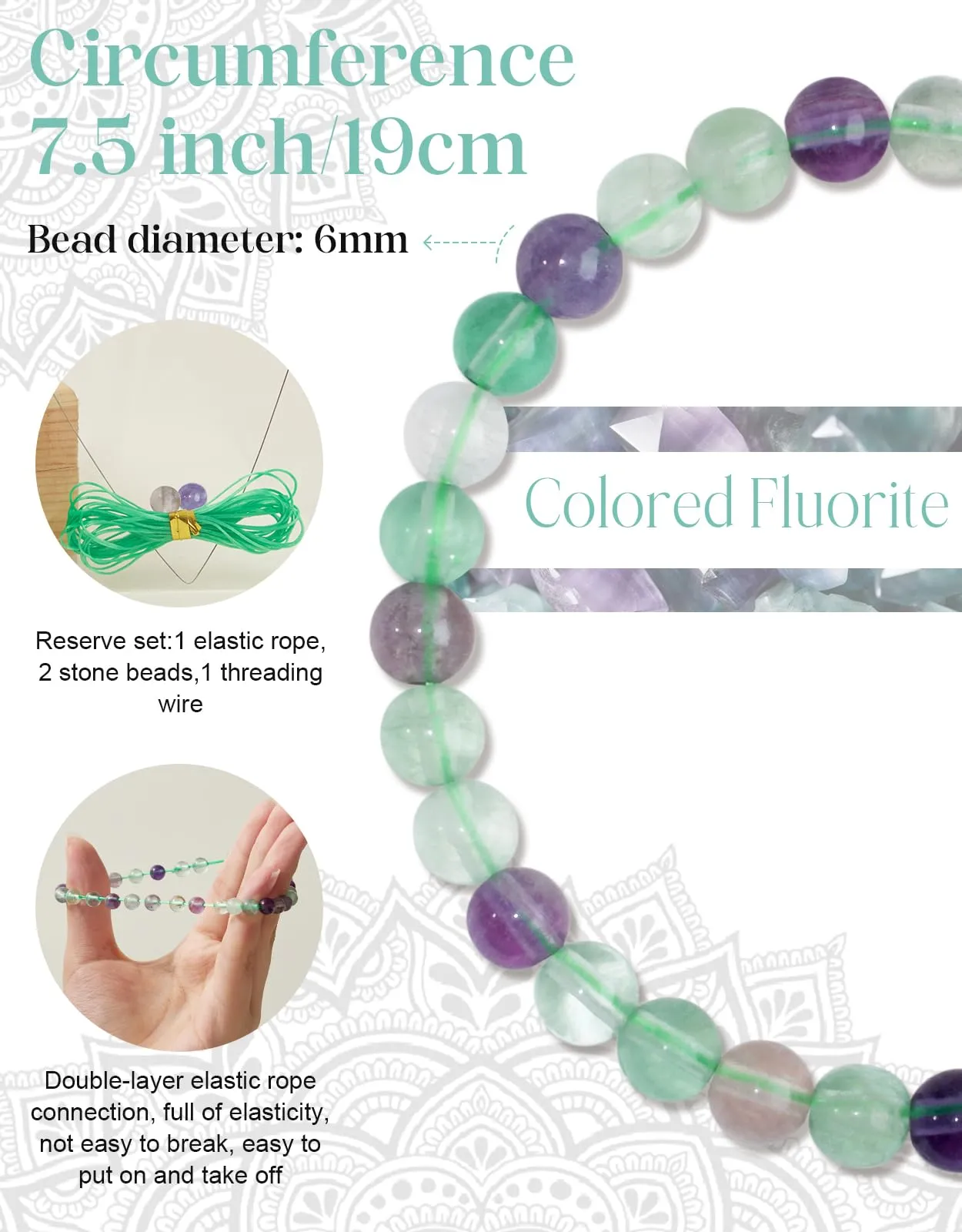 Landorilo Bracciale in Pietra Naturale Fluorite Colorata, 6 mm - immagine 3