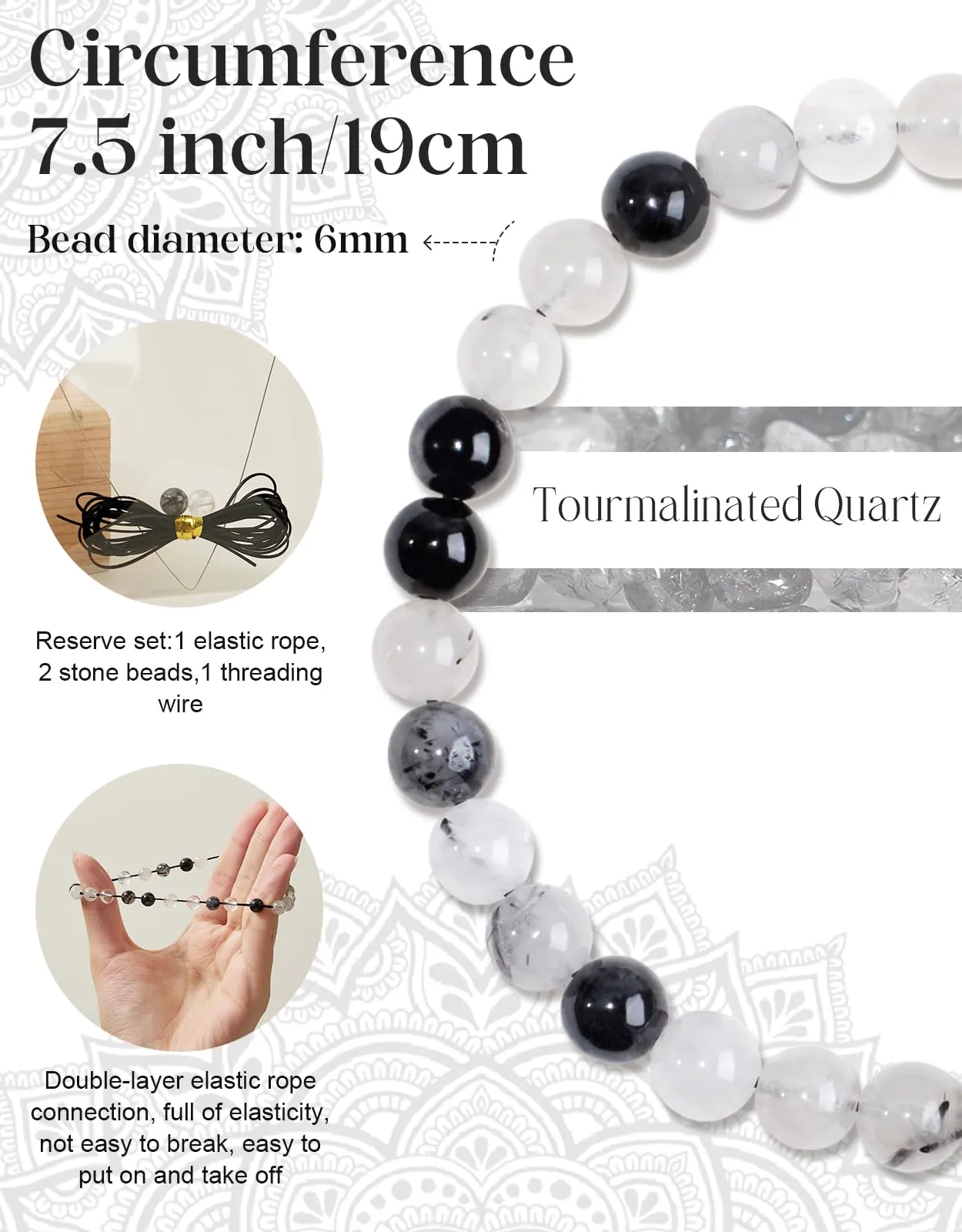 Landorilo Bracciale in Pietra Naturale 6 mm, Quarzo Tormalino - immagine 3
