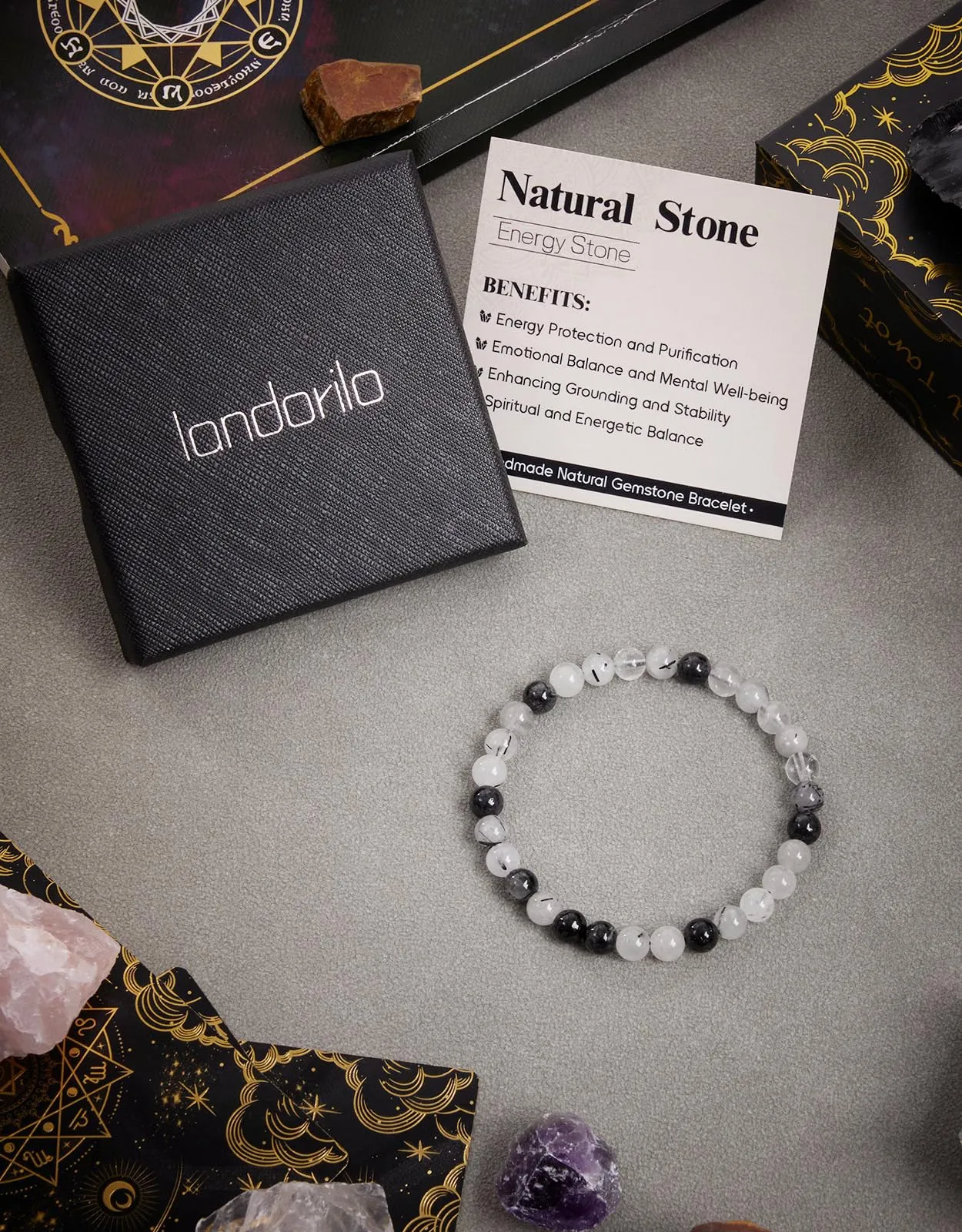 Landorilo Bracciale in Pietra Naturale 6 mm, Quarzo Tormalino - immagine 4