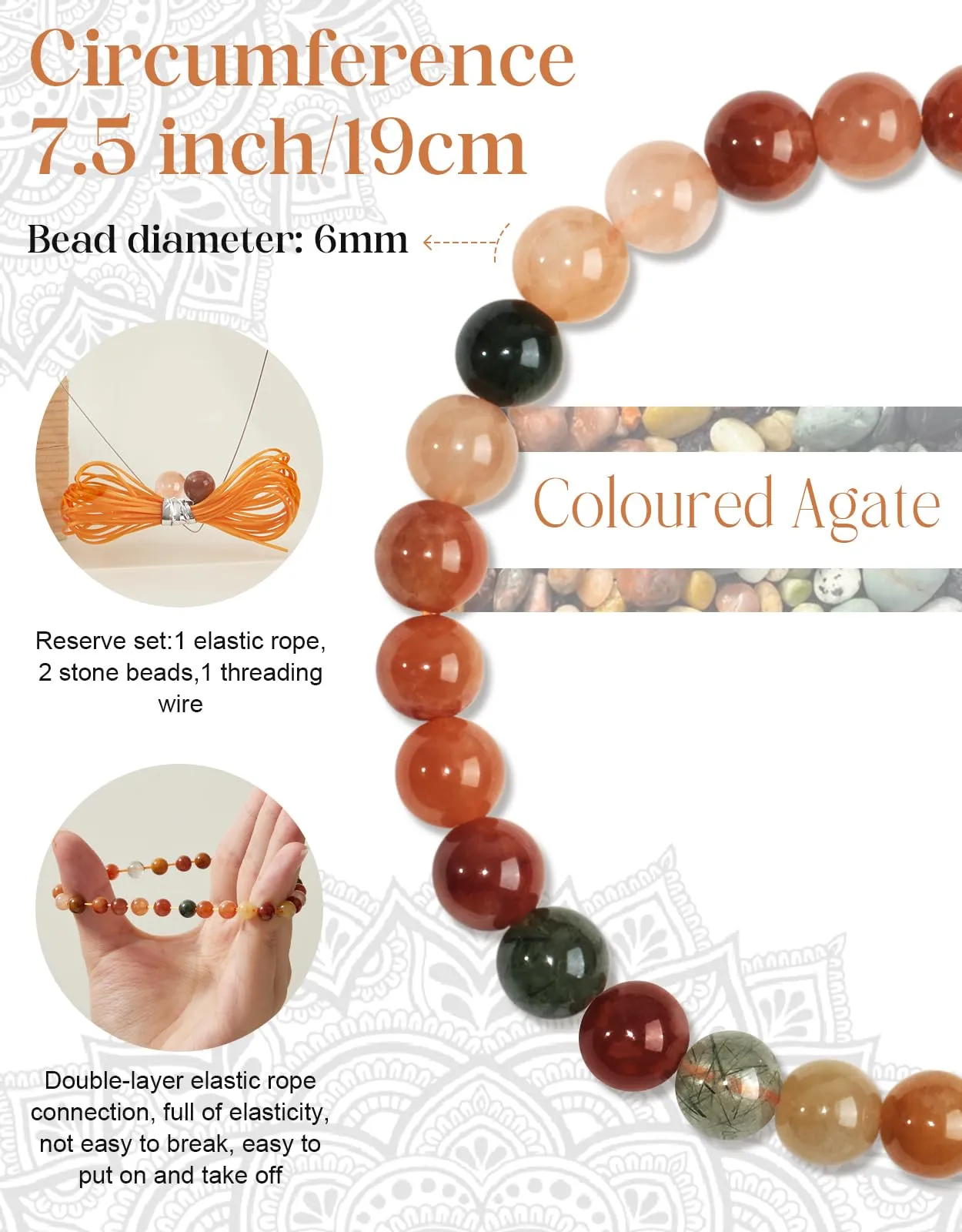 Landorilo Bracciale in Pietra Naturale 6 mm, Agata Colorata - immagine 3