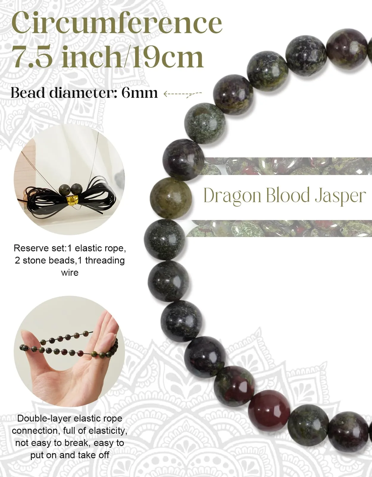 Landorilo Bracciale in Pietra Naturale 6 mm, Jaspe Sangre de Dragón - immagine 3