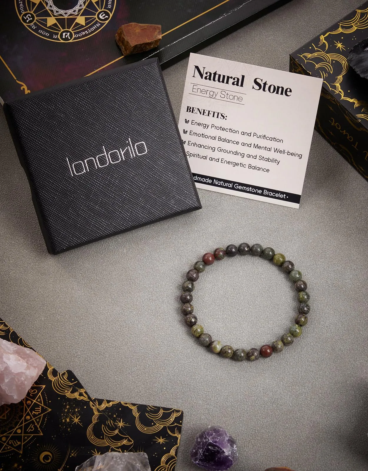 Landorilo Bracciale in Pietra Naturale 6 mm, Jaspe Sangre de Dragón - immagine 4