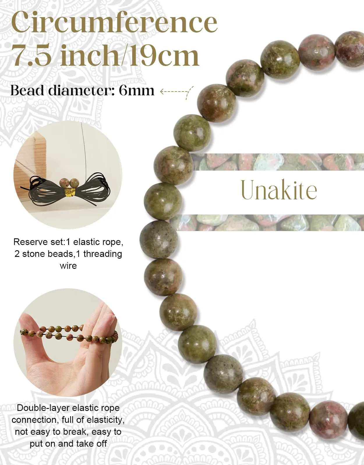 Landorilo Bracciale in Pietra Naturale Unakite, 6 mm - immagine 3