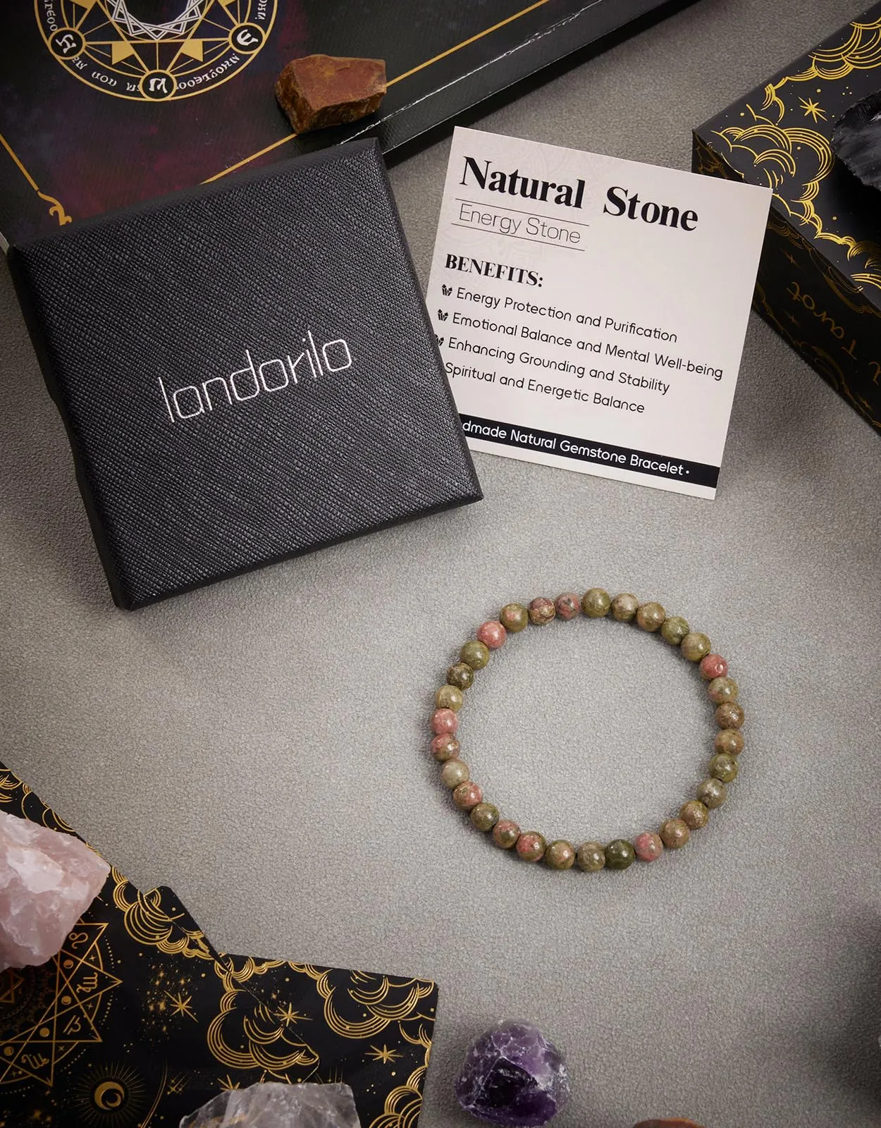 Landorilo Bracciale in Pietra Naturale Unakite, 6 mm - immagine 4