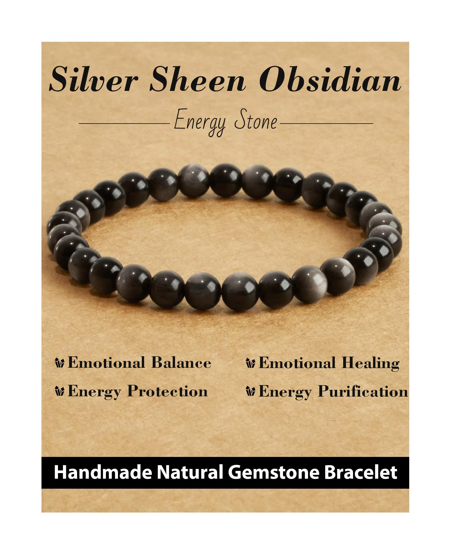 Landorilo Bracciale in Pietra Naturale 6 mm, Ossidiana Argentata - immagine 1