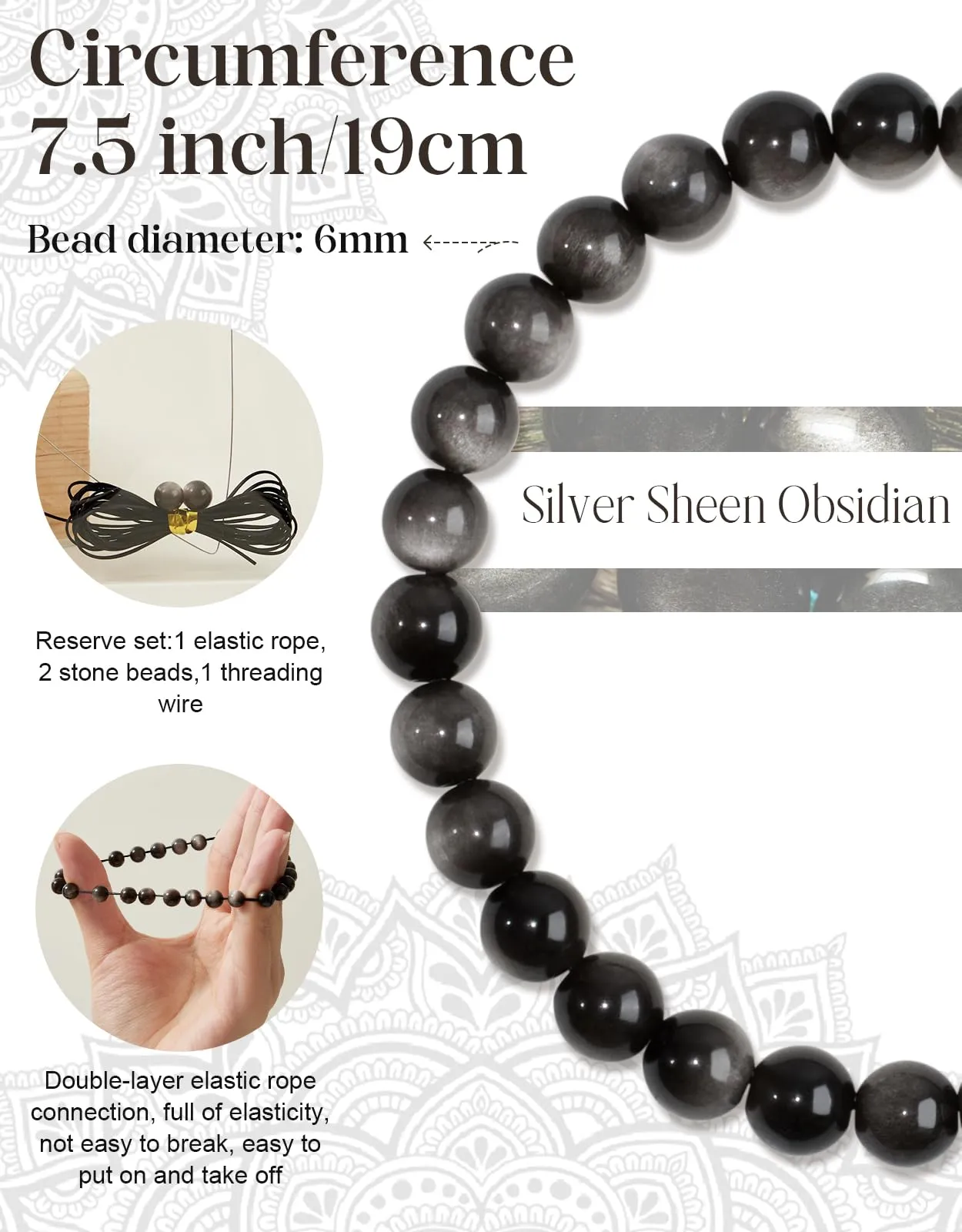 Landorilo Bracciale in Pietra Naturale 6 mm, Ossidiana Argentata - immagine 3