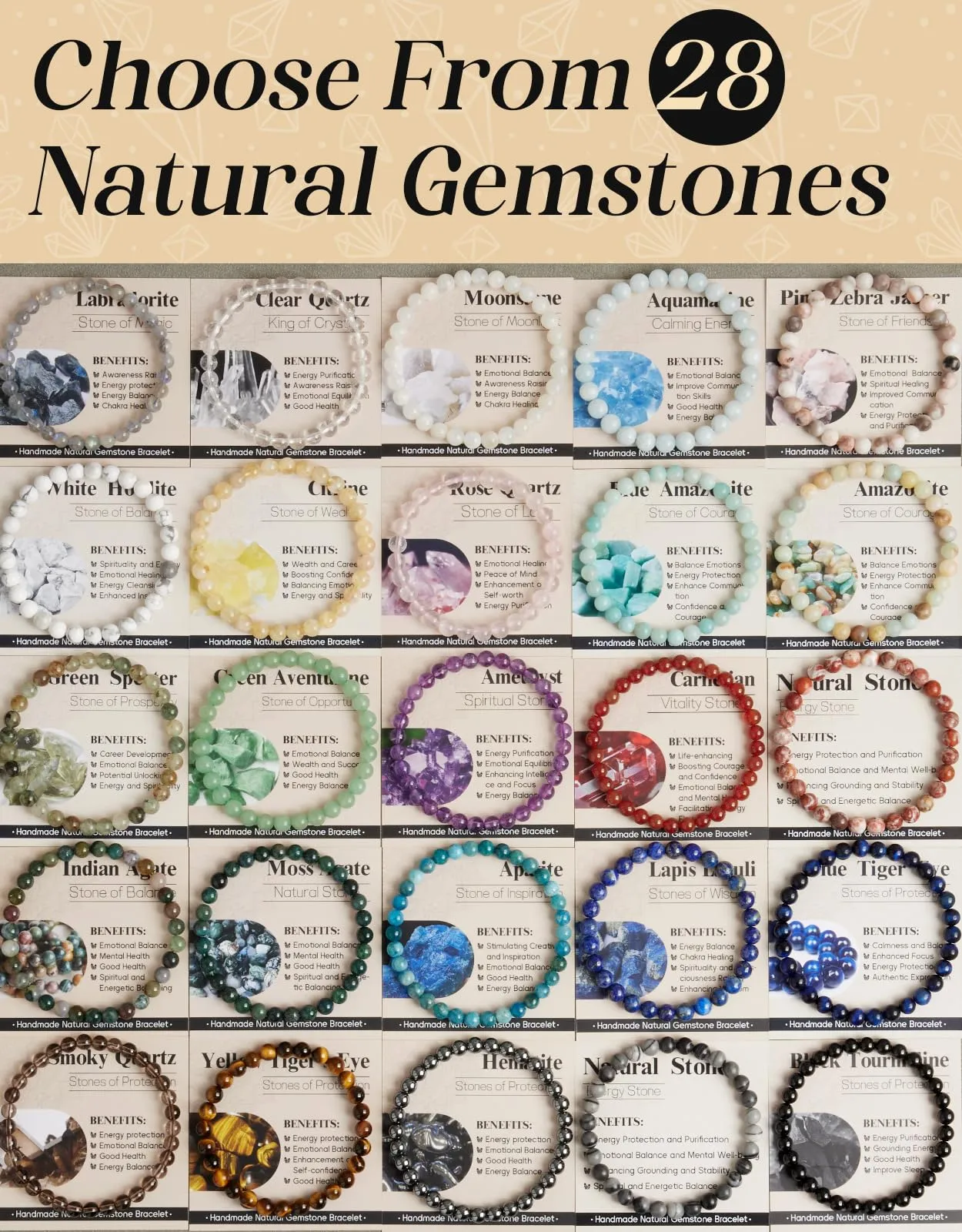 Landorilo Bracciale in Pietra Naturale 6 mm, Ossidiana Argentata - immagine 7