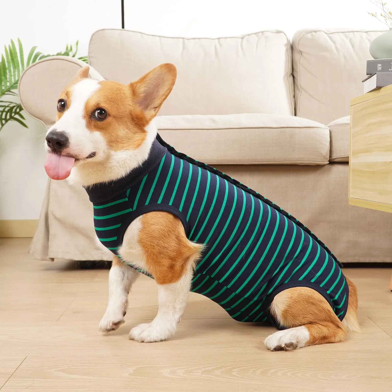 LIANZIMAU Tuta Recupero Post-Operatoria per Cani, Protezione Ferite Addominali e Pelle, Alternativa a Cono e Colletto, Taglia Large, Strisce Verde - immagine 8