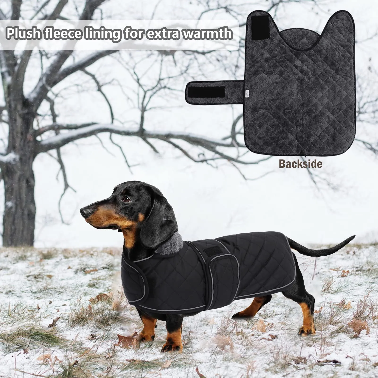 Geyecete Cappotto Invernale Termico Trapuntato per Cane Bassotto, Fodera in Pile, Foro per Imbracatura, Nero, XS - immagine 5