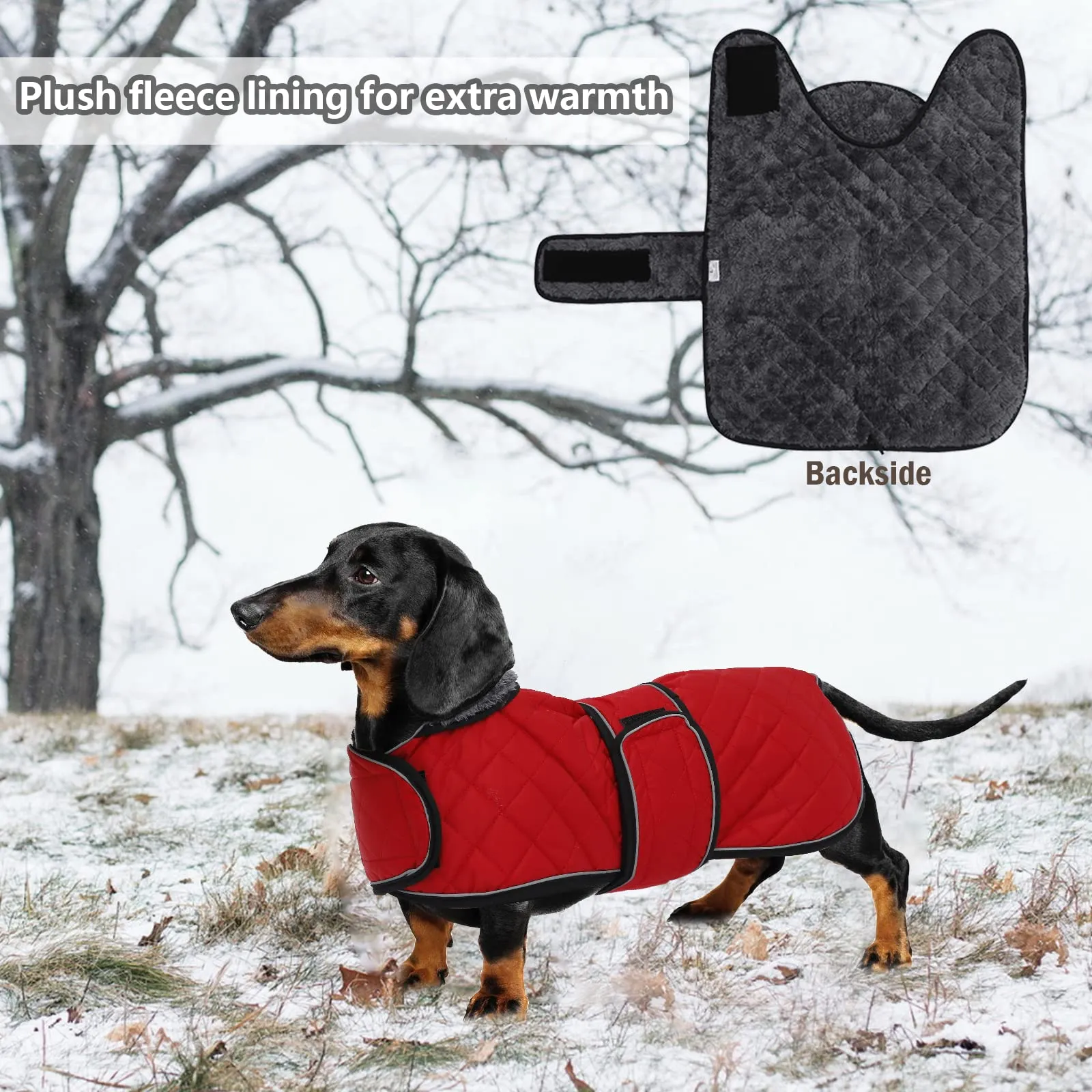 Geyecete Cappotto Invernale Termico Trapuntato per Cane Bassotto con Fodera in Pile, Rosso, L - immagine 5