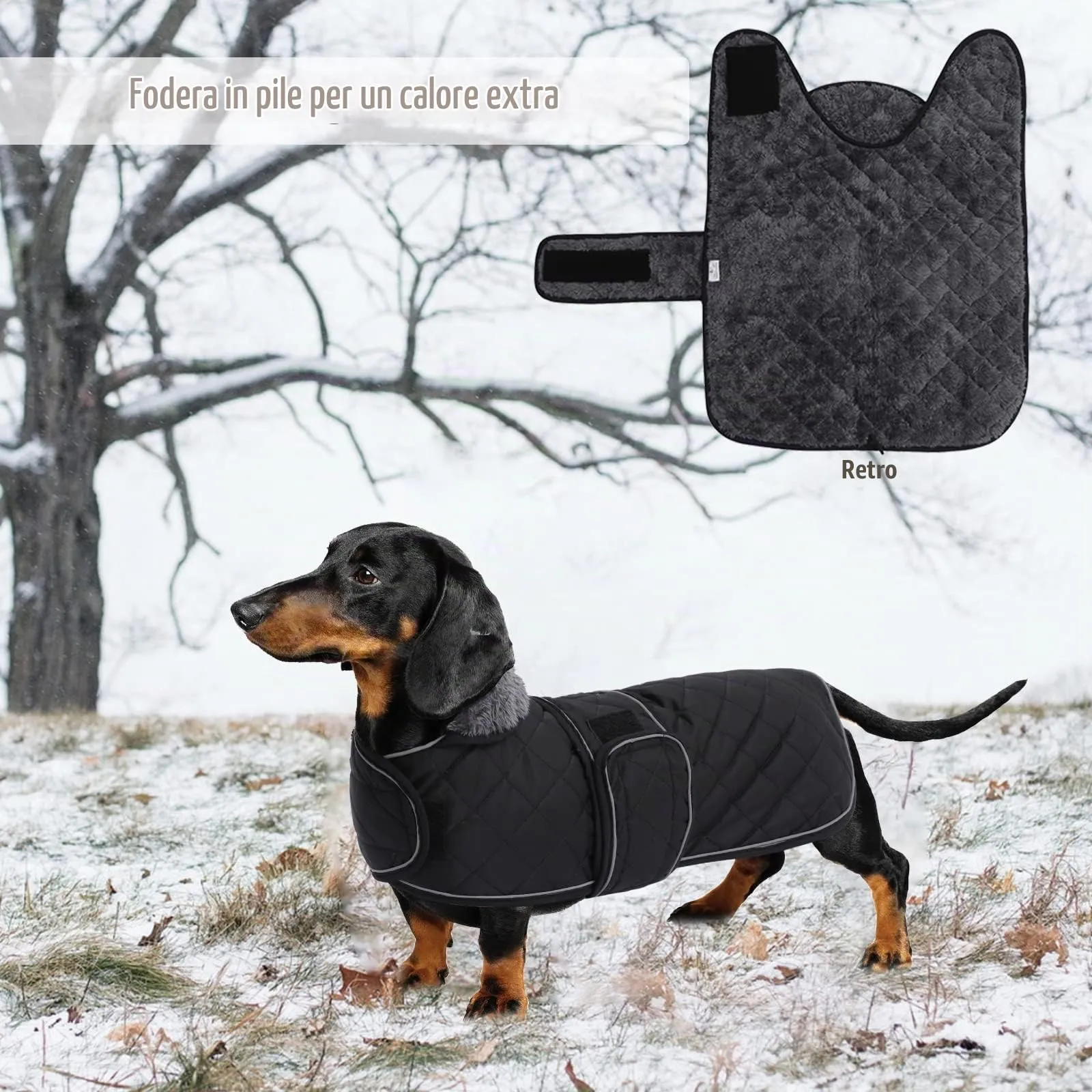 Geyecete Cappotto Invernale Termico Trapuntato per Cane Bassotto con Fodera in Pile, Nero, M - immagine 5