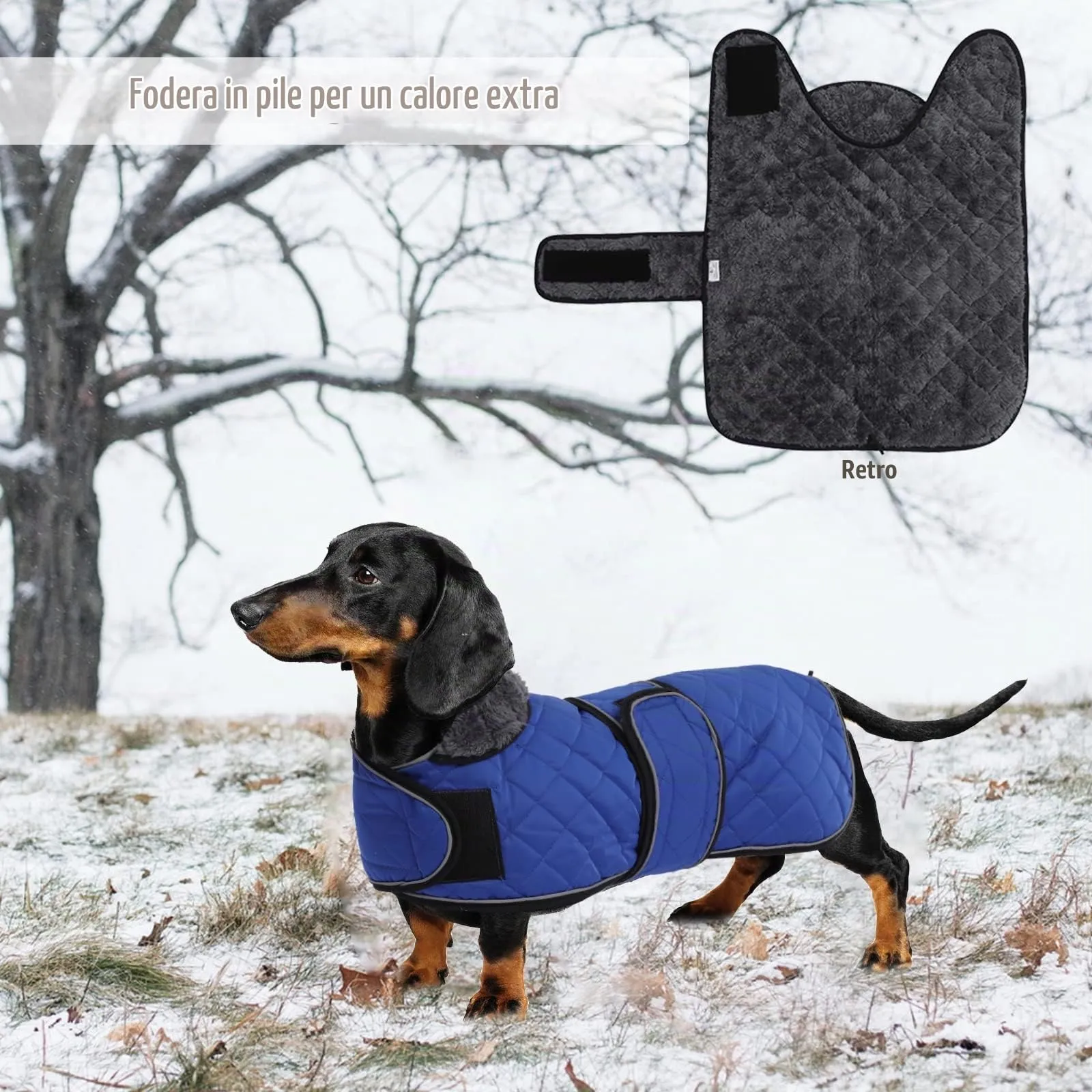 Geyecete Cappotto Invernale Termico Trapuntato per Cane Bassotto con Fodera in Pile e Foro per Imbracatura, Blu, M - immagine 5