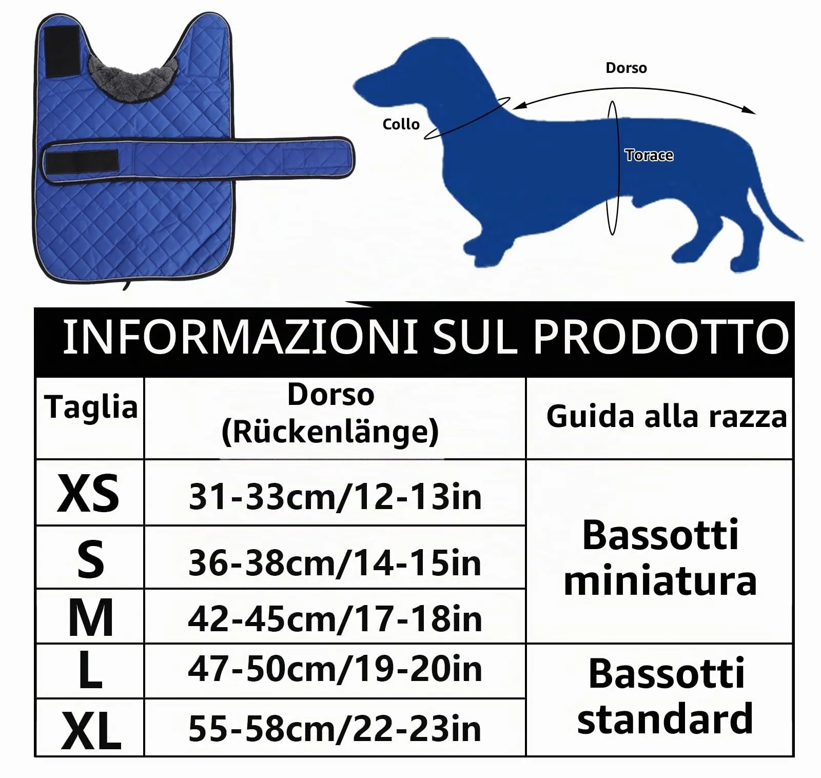 Geyecete Cappotto Invernale Termico Trapuntato per Cane Bassotto con Fodera in Pile e Foro per Imbracatura, Blu, M - immagine 6