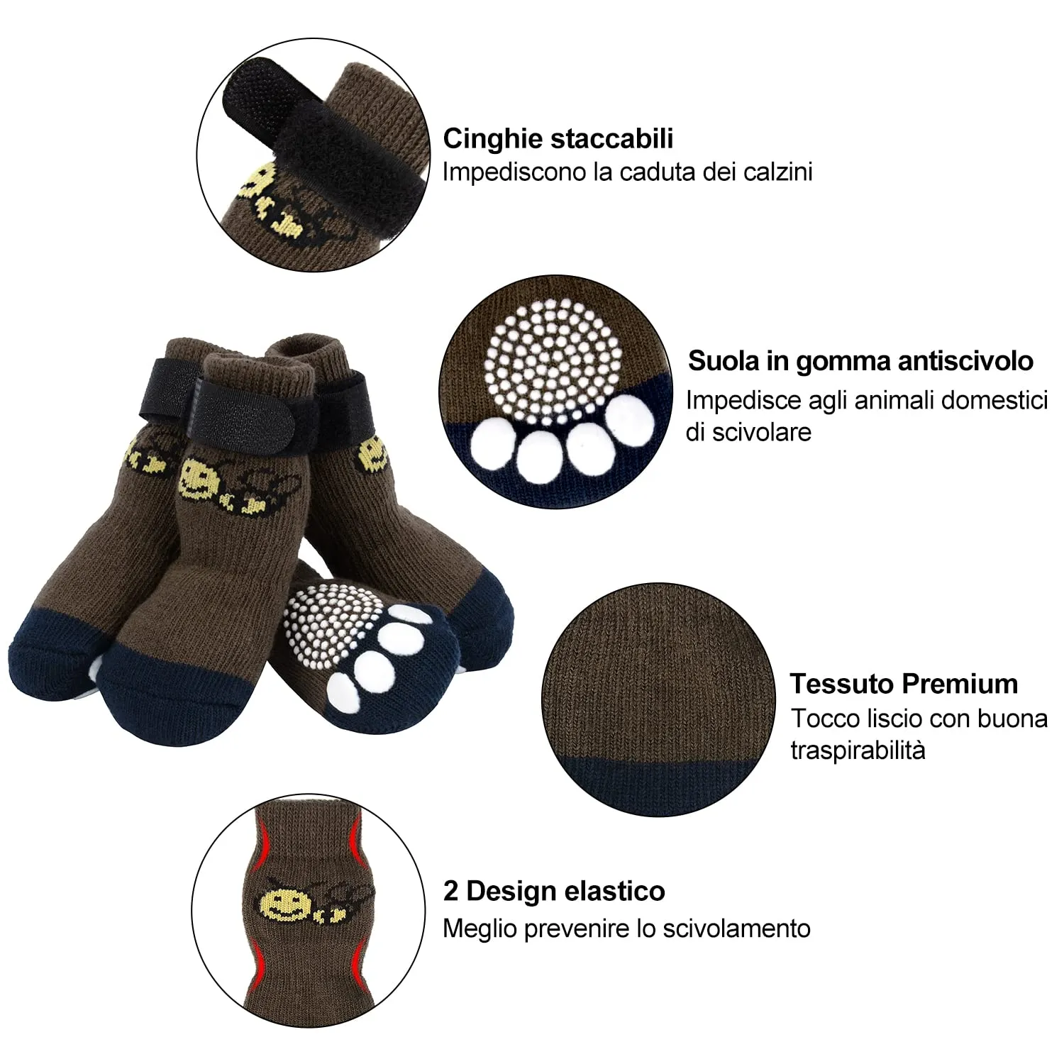 PETLOFT Calzini Antiscivolo per Cane, 4 Pezzi, Marrone, S - immagine 3