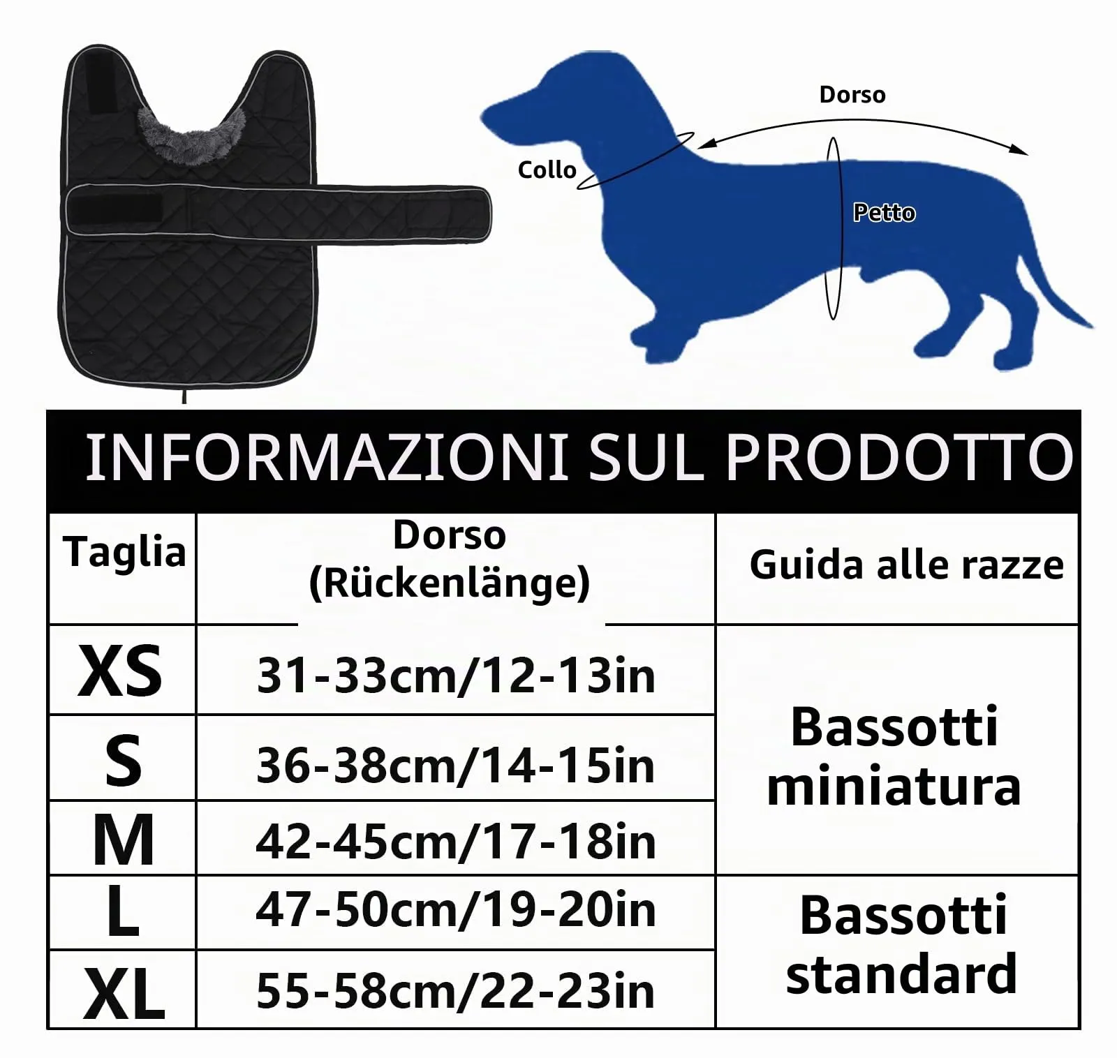 Geyecete Cappotto Invernale Termico Trapuntato per Cane Bassotto con Fodera in Pile e Foro per Imbracatura, Nero, S - immagine 6