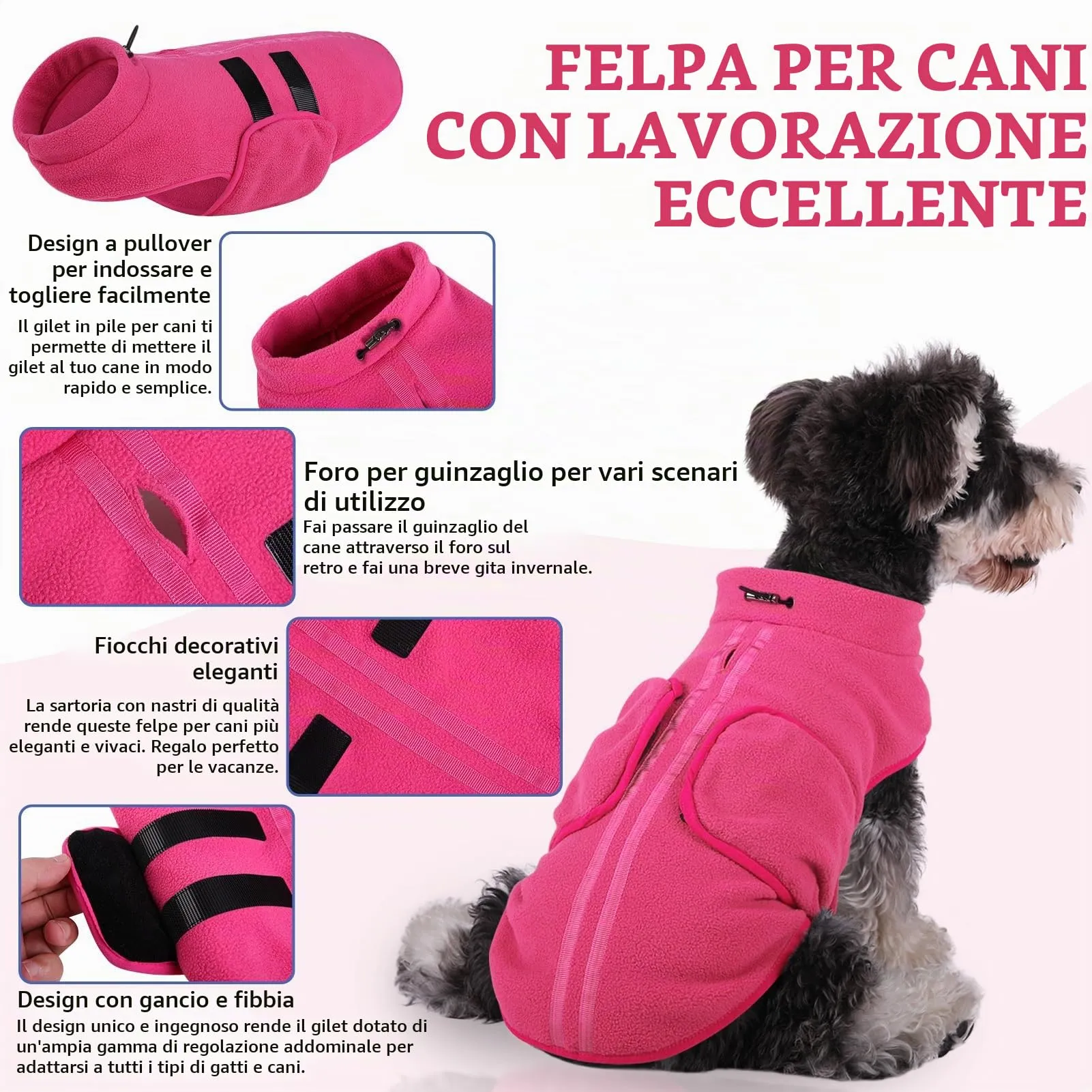 PUZAUKAL Maglione in Pile per Cani e Gatti con Foro per Imbracatura, Rosa, Taglia S - immagine 3