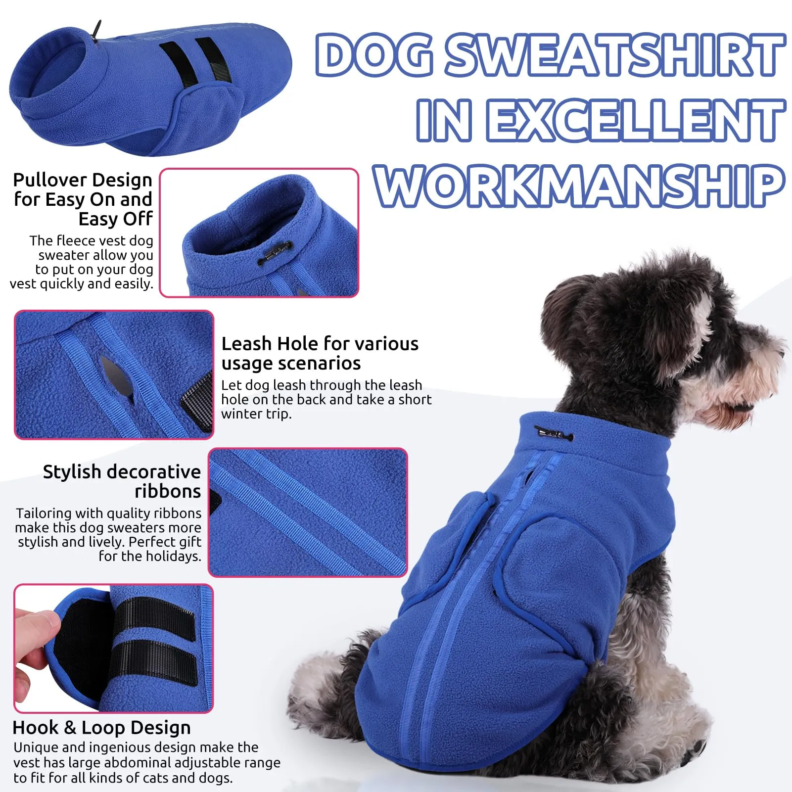 PUZAUKAL Maglione in Pile per Cani con Foro per Imbracatura, Blu, Taglia XS - immagine 3