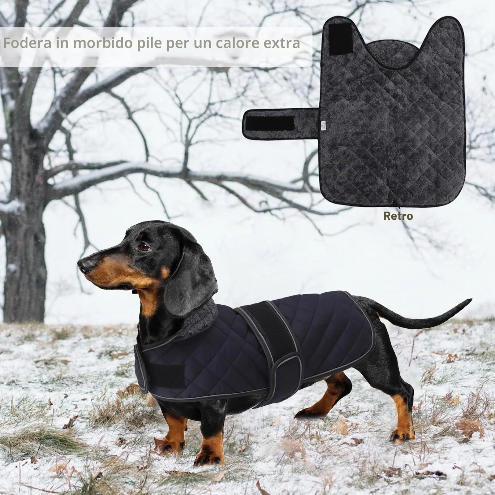 Geyecete Cappotto Invernale Termico Trapuntato per Cane Bassotto con Fodera in Pile e Foro per Imbracatura, Navy Blu, S - immagine 5