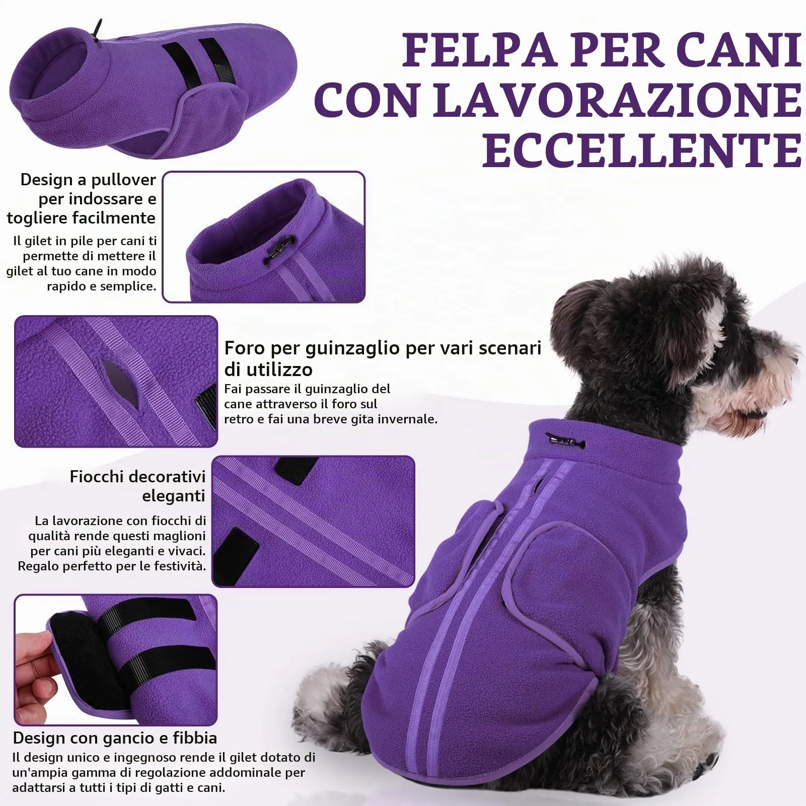 PUZAUKAL Maglione in Pile per Cani e Gatti con Foro per Imbracatura, Viola, XS - immagine 3